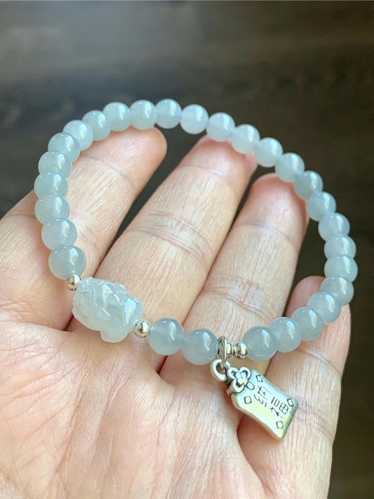 Natural Burmese Icy Highly Translucent Gelatinous Light Blue Jadeite Pixiu Beaded Bracelet Sterling Silver 5.8mm 7” 12g 天然缅甸冰胶淡蓝底翡翠貔貅手串