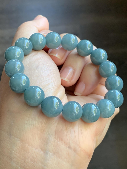 Natural Guatemalan Icy Translucent Dark Dusty Blue Jadeite Large Beads Beaded Bracelet 11.3mm 6.75” 42g 天然冰危蓝翡翠手串 WAL413