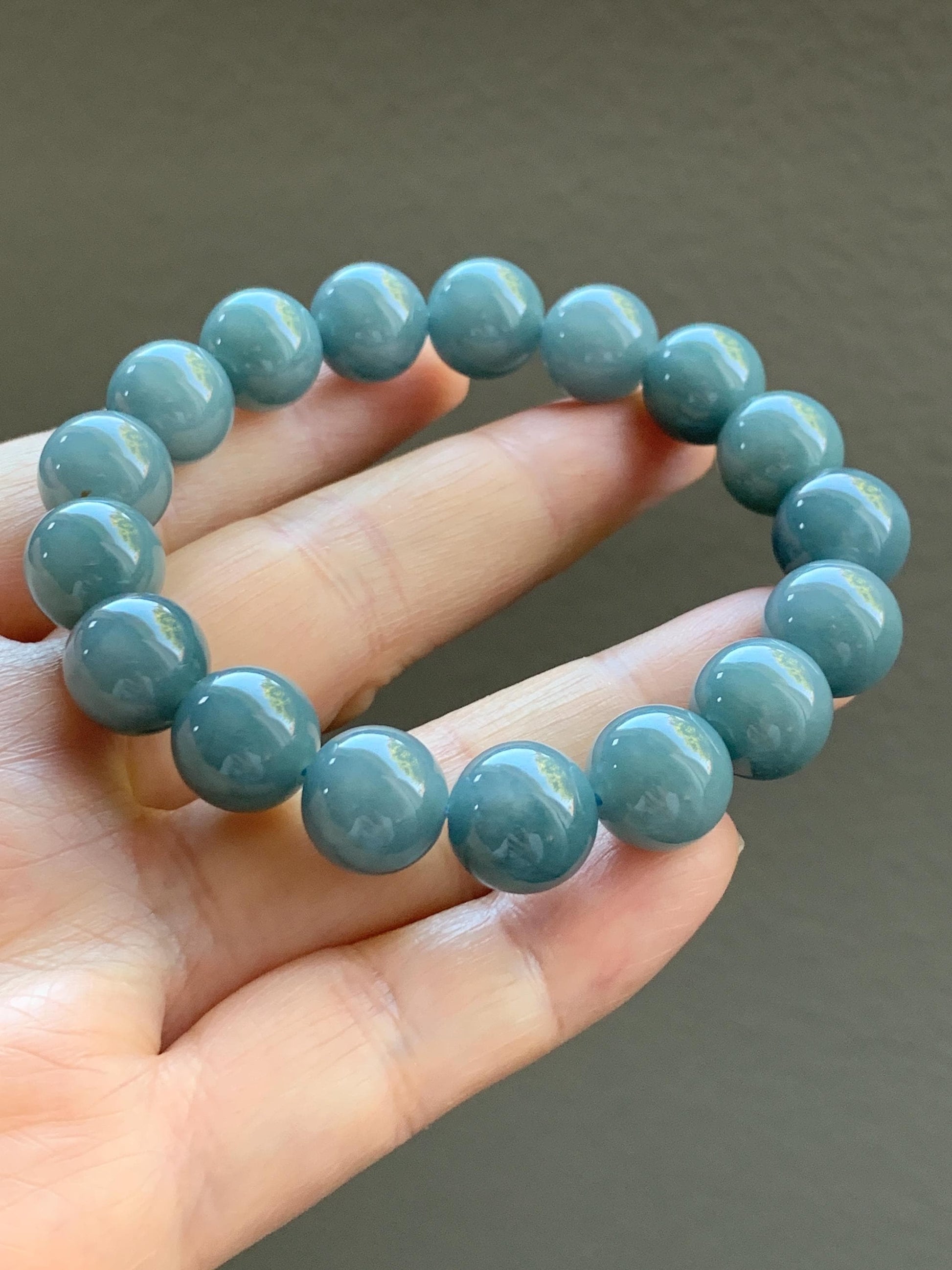 Natural Guatemalan Icy Translucent Dark Dusty Blue Jadeite Large Beads Beaded Bracelet 11.3mm 6.75” 42g 天然冰危蓝翡翠手串 WAL413