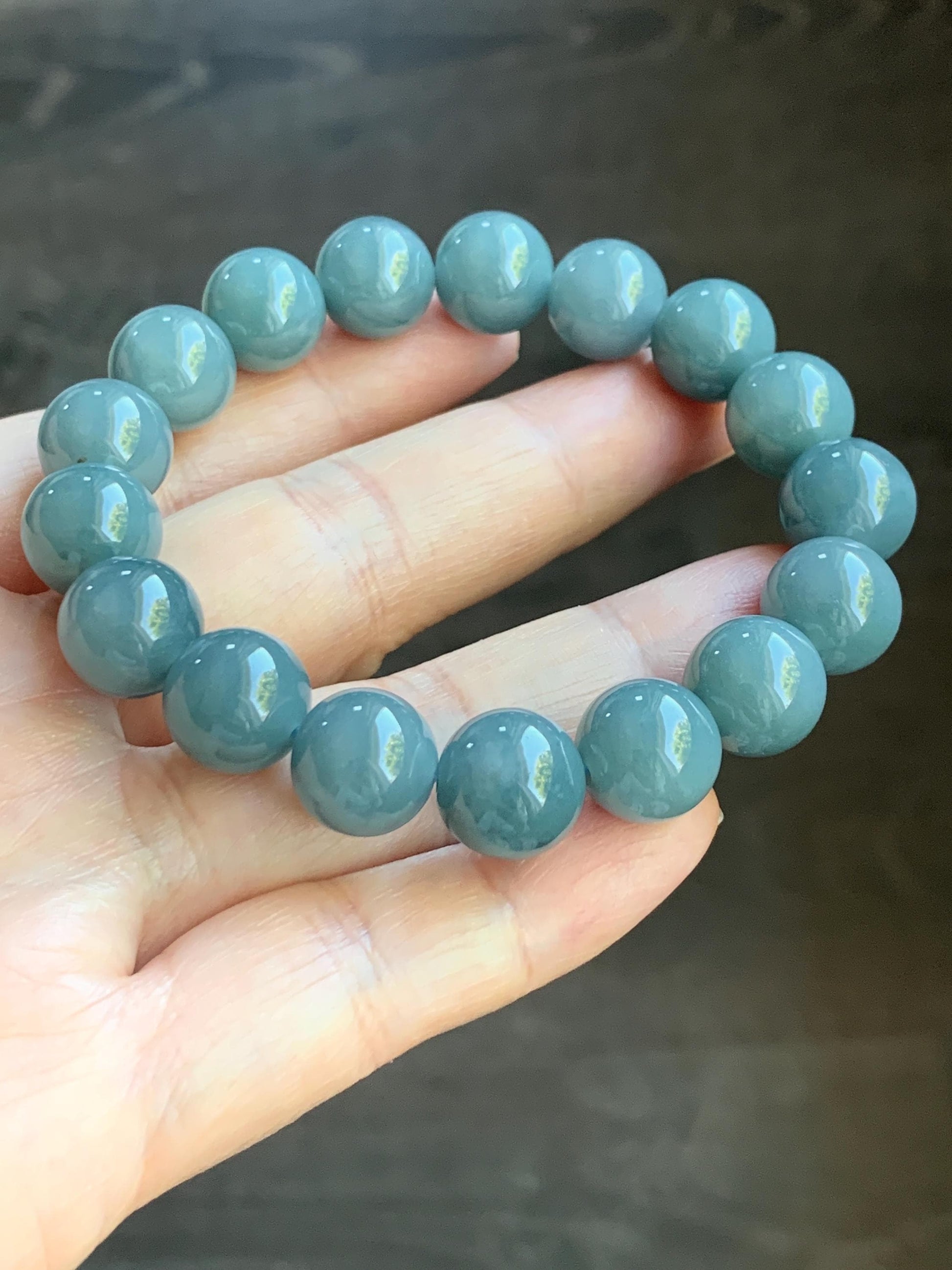 Natural Guatemalan Icy Translucent Dark Dusty Blue Jadeite Large Beads Beaded Bracelet 11.3mm 6.75” 42g 天然冰危蓝翡翠手串 WAL413