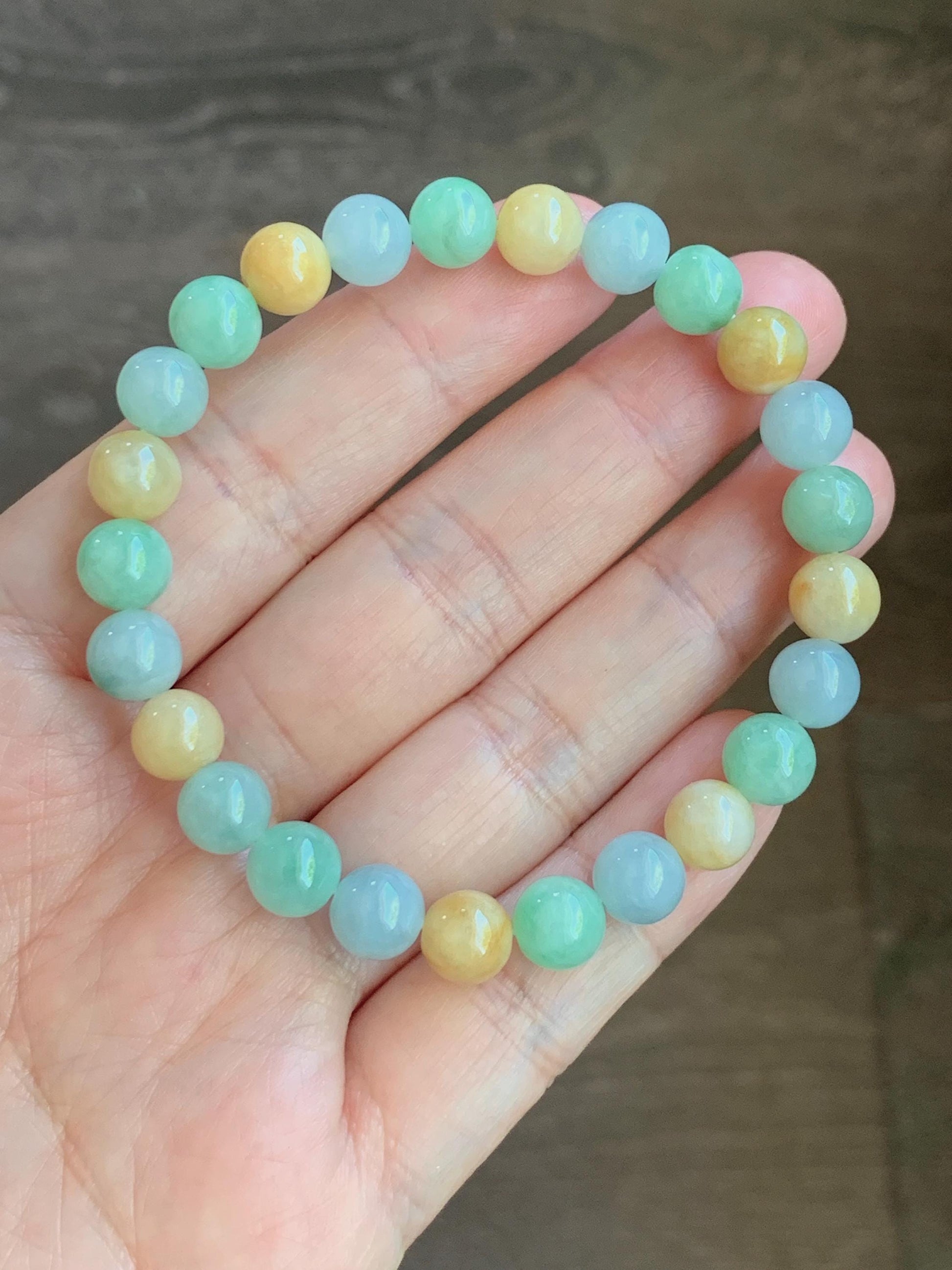 Certified Natural Burmese Icy Translucent Multicolored Jadeite Beaded Bracelet 7.7mm 7” 19.1g 天然缅甸糯种多宝色翡翠圆珠手串 6900