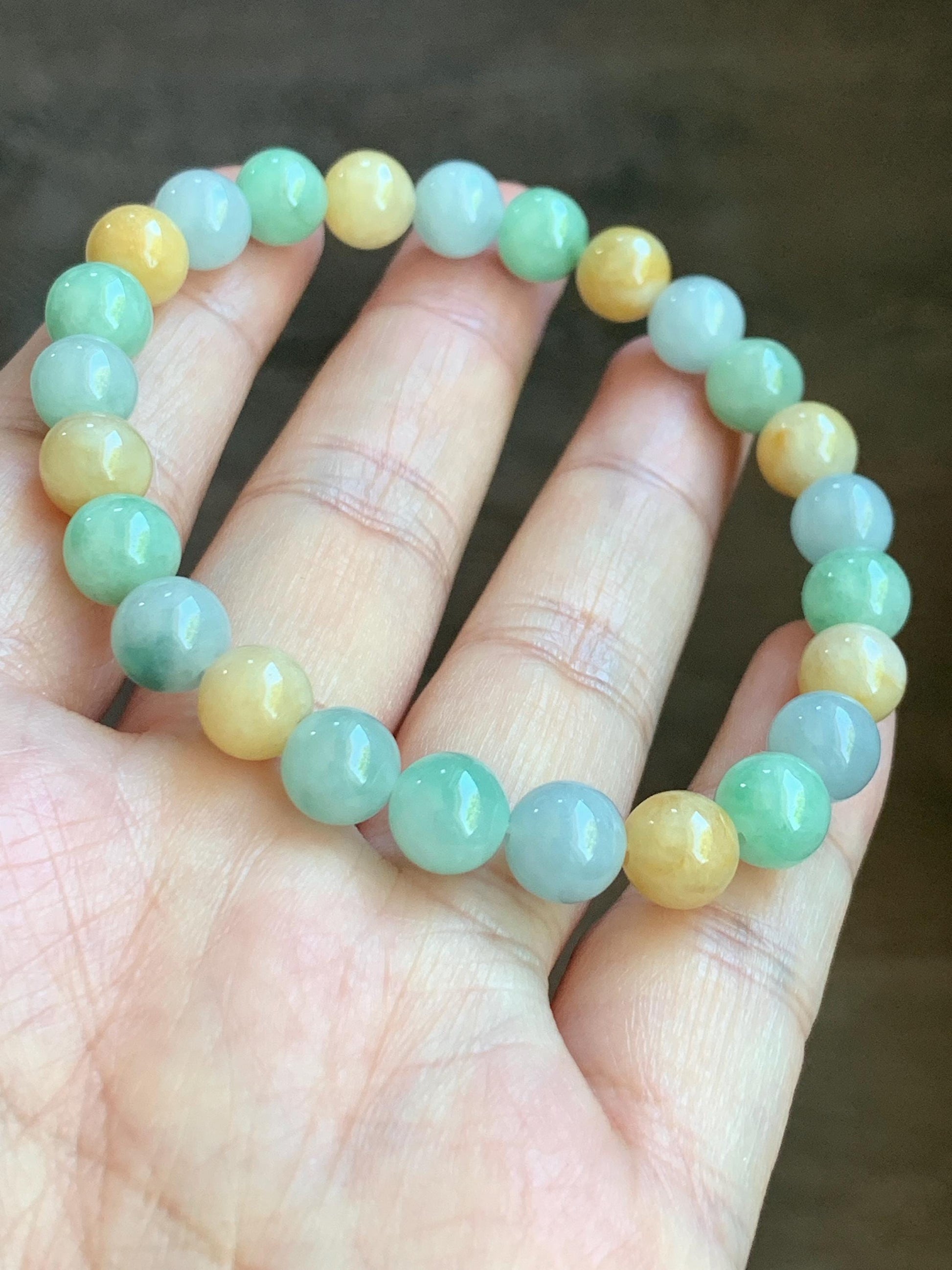 Certified Natural Burmese Icy Translucent Multicolored Jadeite Beaded Bracelet 7.7mm 7” 19.1g 天然缅甸糯种多宝色翡翠圆珠手串 6900