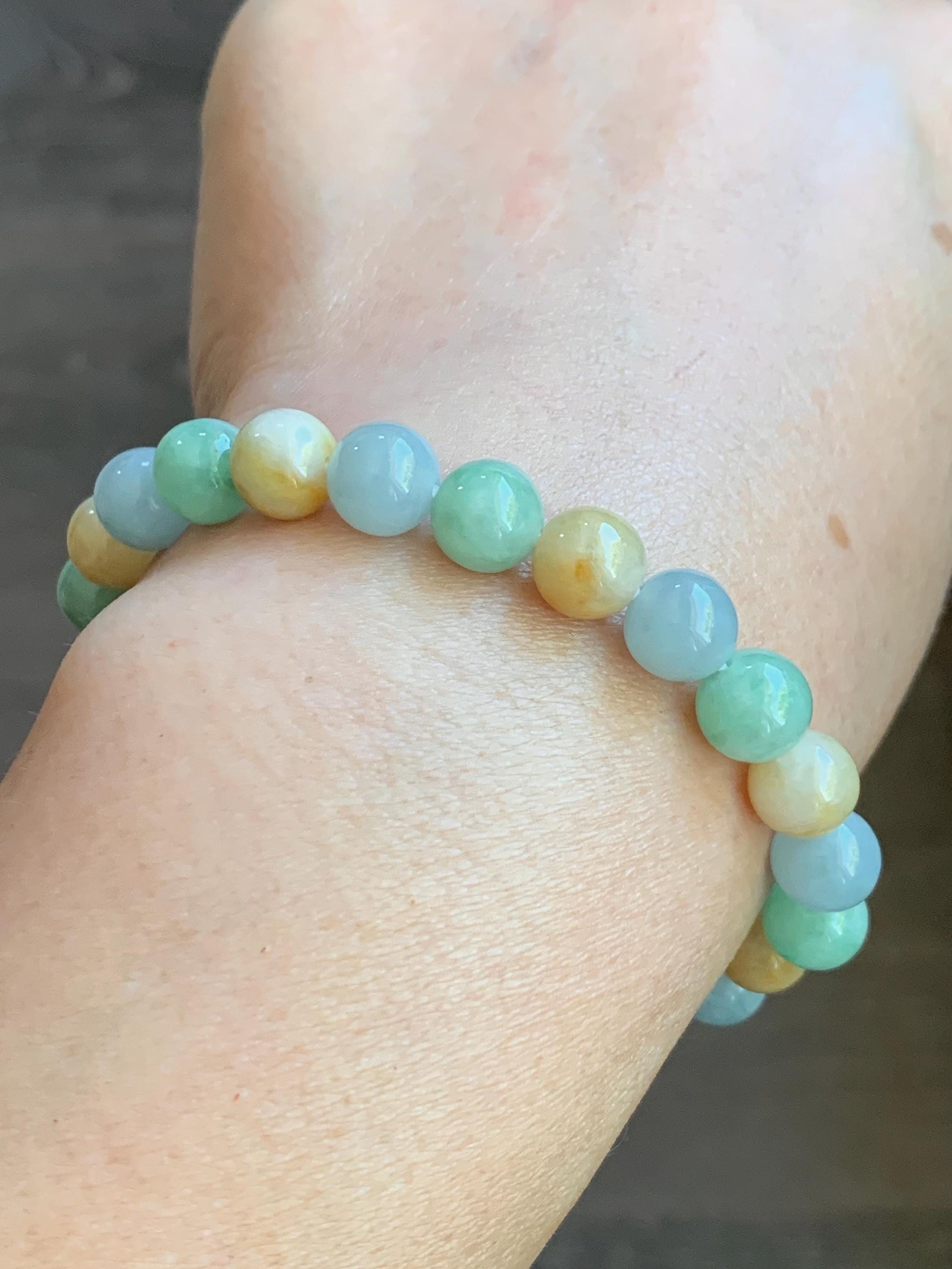 Certified Natural Burmese Icy Translucent Multicolored Jadeite Beaded Bracelet 7.7mm 7” 19.1g 天然缅甸糯种多宝色翡翠圆珠手串 6900