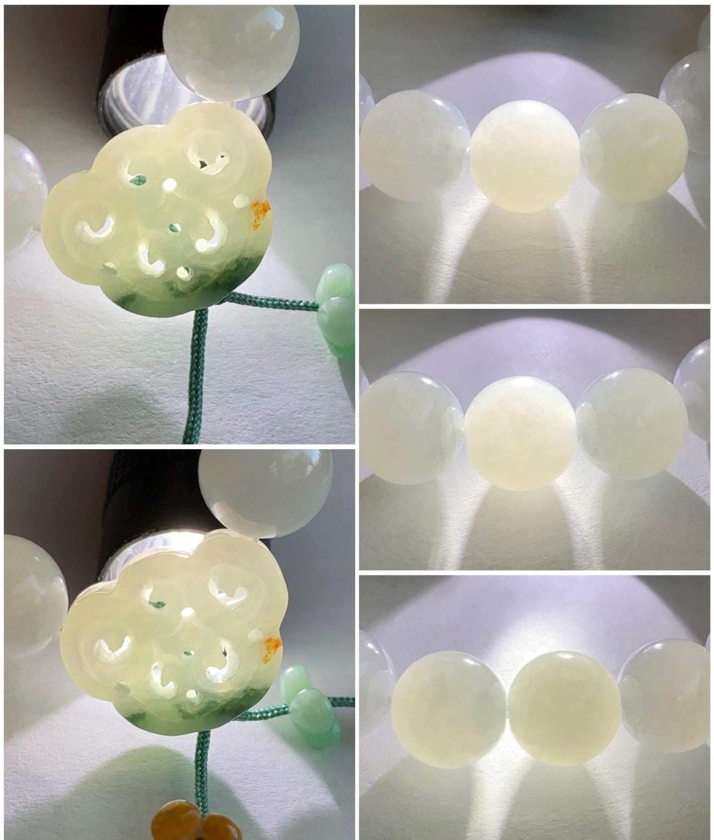 Natural Burmese Icy Translucent Gelatinous White Jadeite & Engraved Jadeite Ruyi Beaded Bracelet 10mm 7.25” 35g 天然缅甸白冰胶翡翠飘绿花镂空雕如意珠手串 DMB912