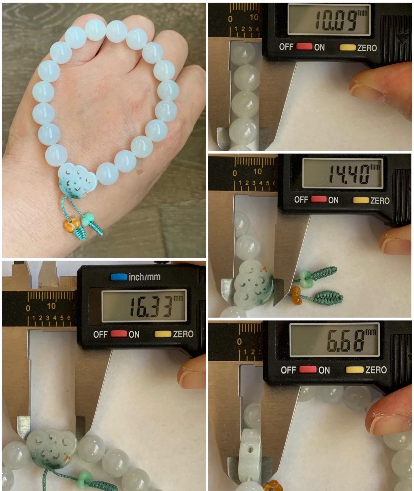 Natural Burmese Icy Translucent Gelatinous White Jadeite & Engraved Jadeite Ruyi Beaded Bracelet 10mm 7.25” 35g 天然缅甸白冰胶翡翠飘绿花镂空雕如意珠手串 DMB912