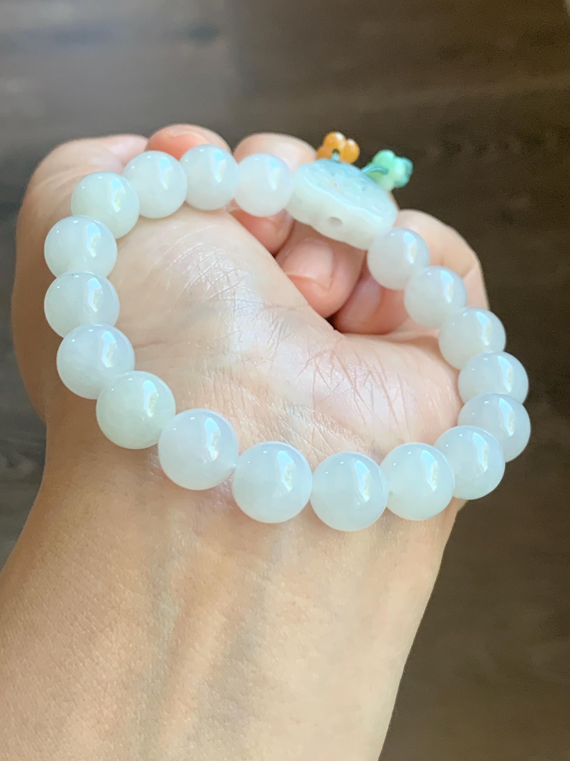 Natural Burmese Icy Translucent Gelatinous White Jadeite & Engraved Jadeite Ruyi Beaded Bracelet 10mm 7.25” 35g 天然缅甸白冰胶翡翠飘绿花镂空雕如意珠手串 DMB912