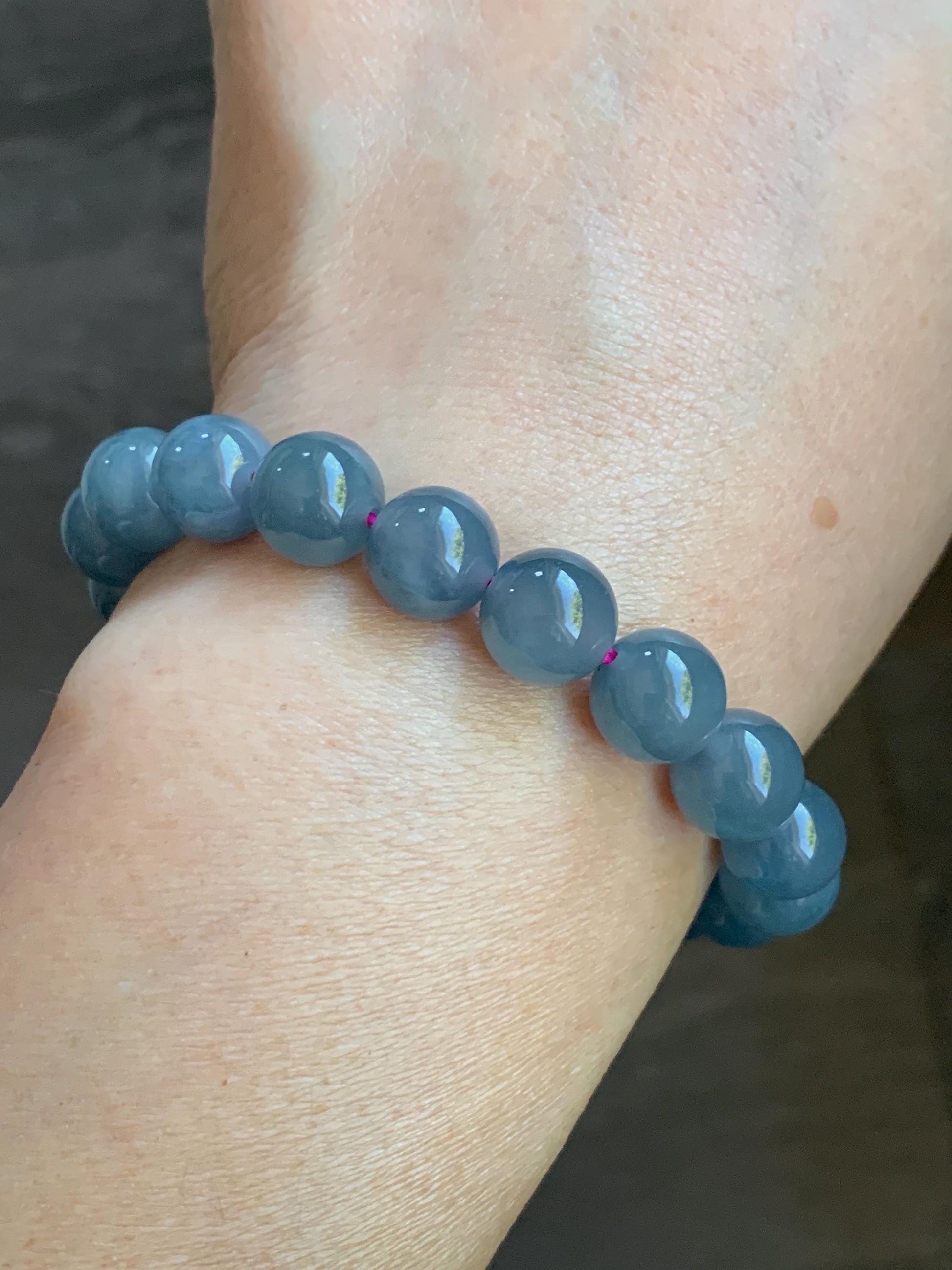 Certified Natural Guatemalan Icy Highly Translucent Dusty Purplish Blue Jadeite Beaded Bracelet 9.7mm 6.75” 30.1 天然老种冰危蓝紫飘花翡翠圆珠手串 6898