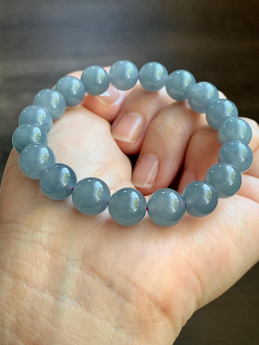 Certified Natural Guatemalan Icy Highly Translucent Dusty Purplish Blue Jadeite Beaded Bracelet 9.7mm 6.75” 30.1 天然老种冰危蓝紫飘花翡翠圆珠手串 6898