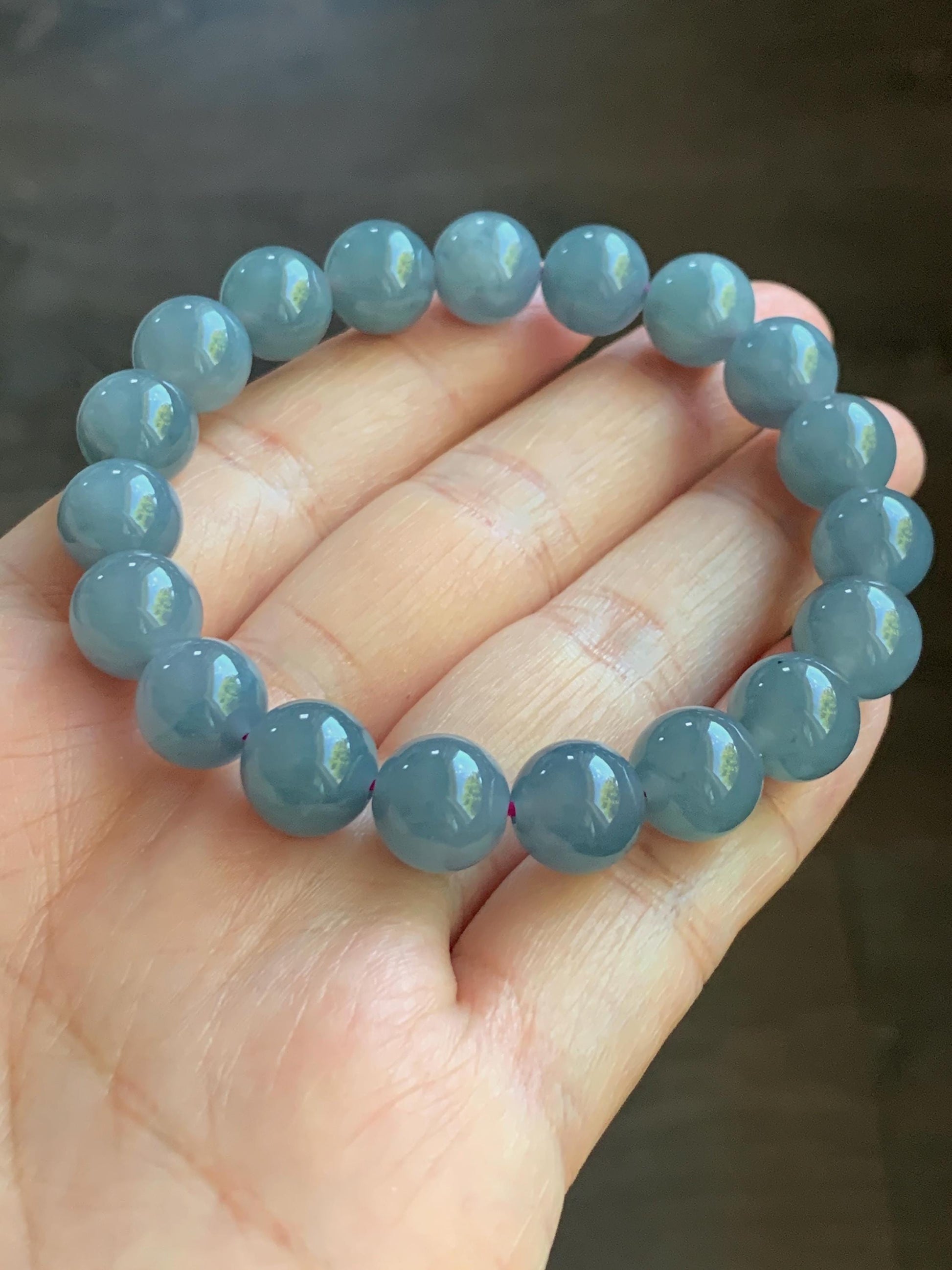 Certified Natural Guatemalan Icy Highly Translucent Dusty Purplish Blue Jadeite Beaded Bracelet 9.7mm 6.75” 30.1 天然老种冰危蓝紫飘花翡翠圆珠手串 6898