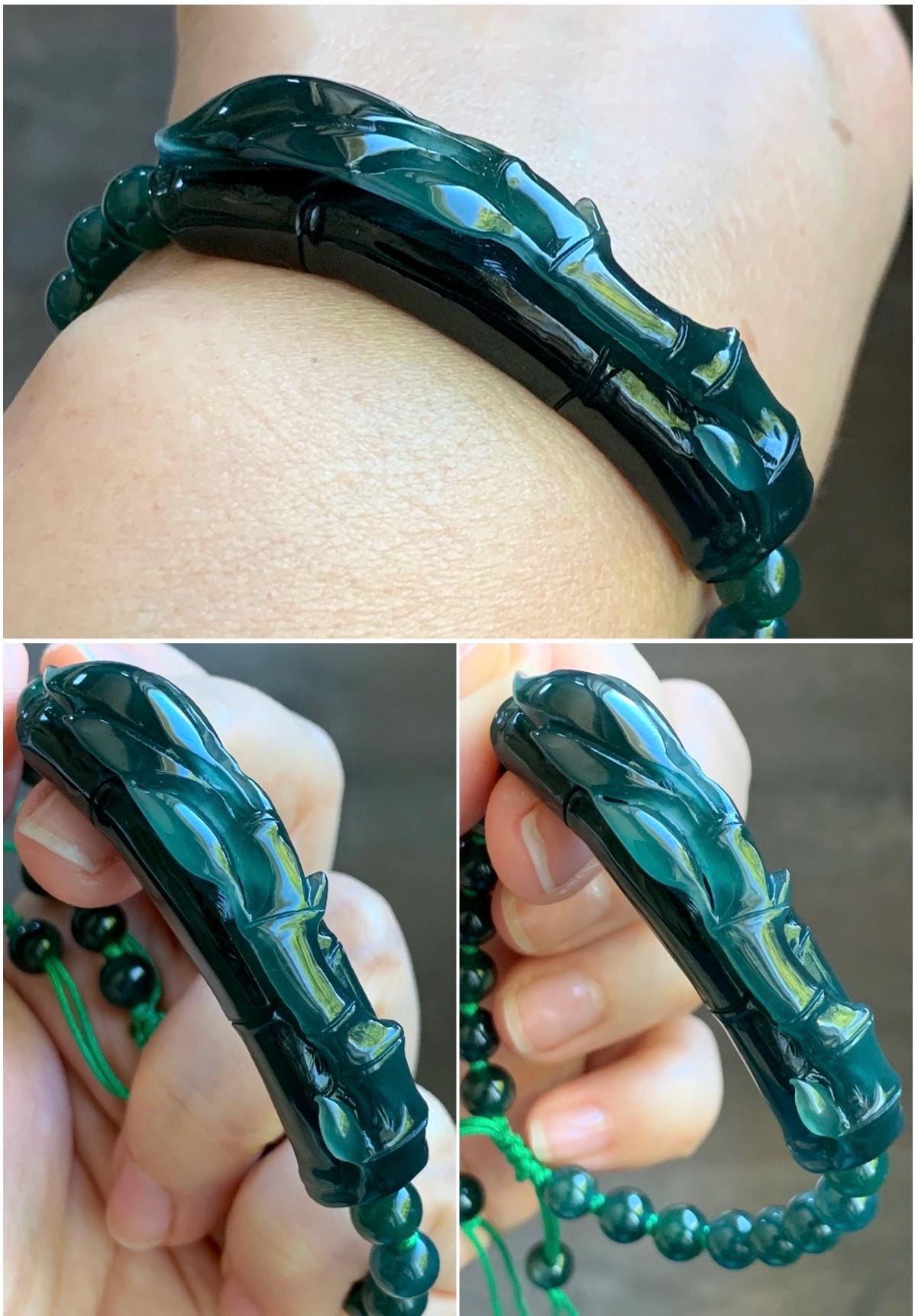 Natural Guatemalan Icy Highly Translucent Gelatinous Dark Teal Green Jadeite Bamboo Cuff Beaded Bracelet 6.7mm 7.5” 27g 天然冰胶老种危湖水绿翡翠竹节手牌手串