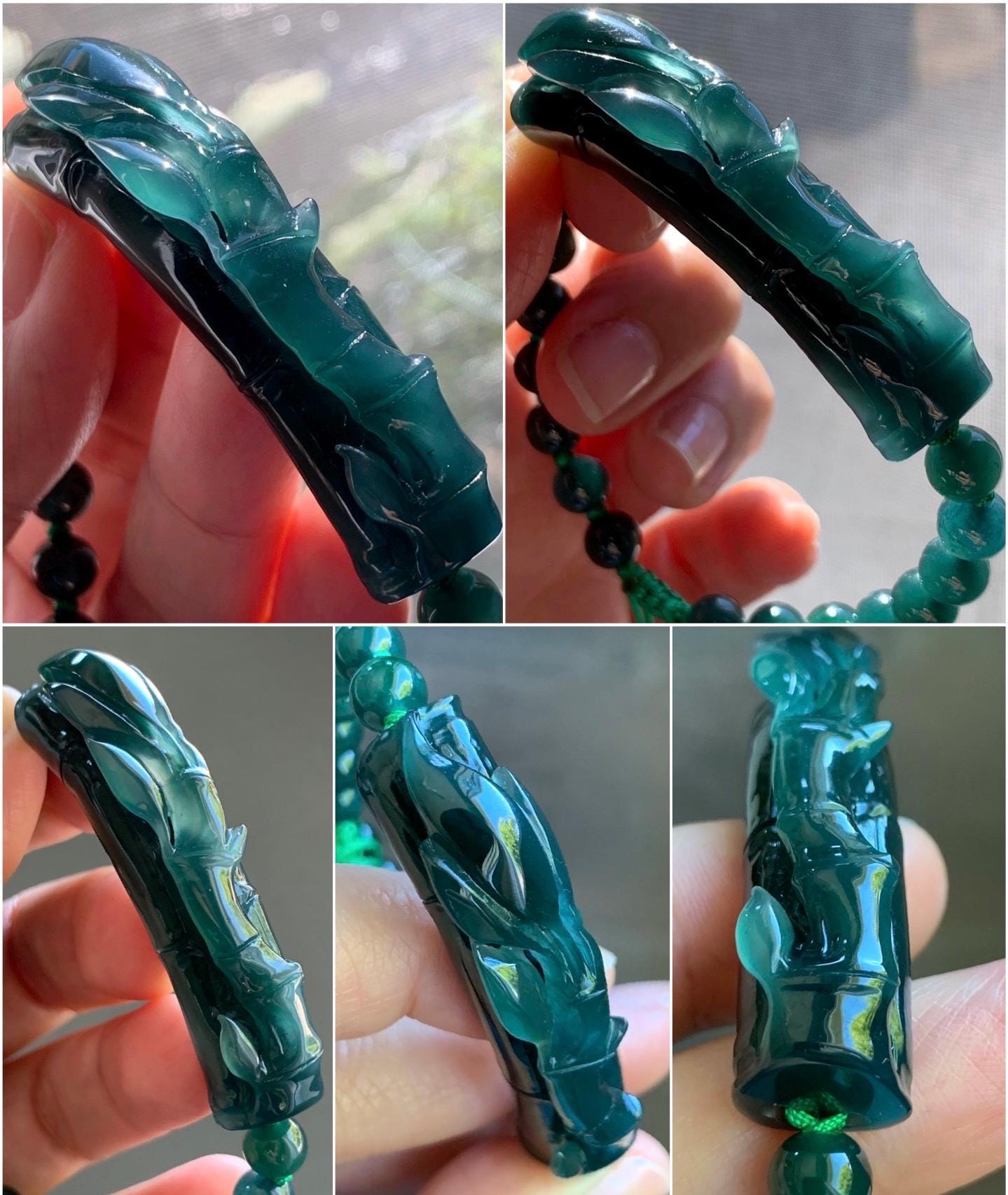 Natural Guatemalan Icy Highly Translucent Gelatinous Dark Teal Green Jadeite Bamboo Cuff Beaded Bracelet 6.7mm 7.5” 27g 天然冰胶老种危湖水绿翡翠竹节手牌手串
