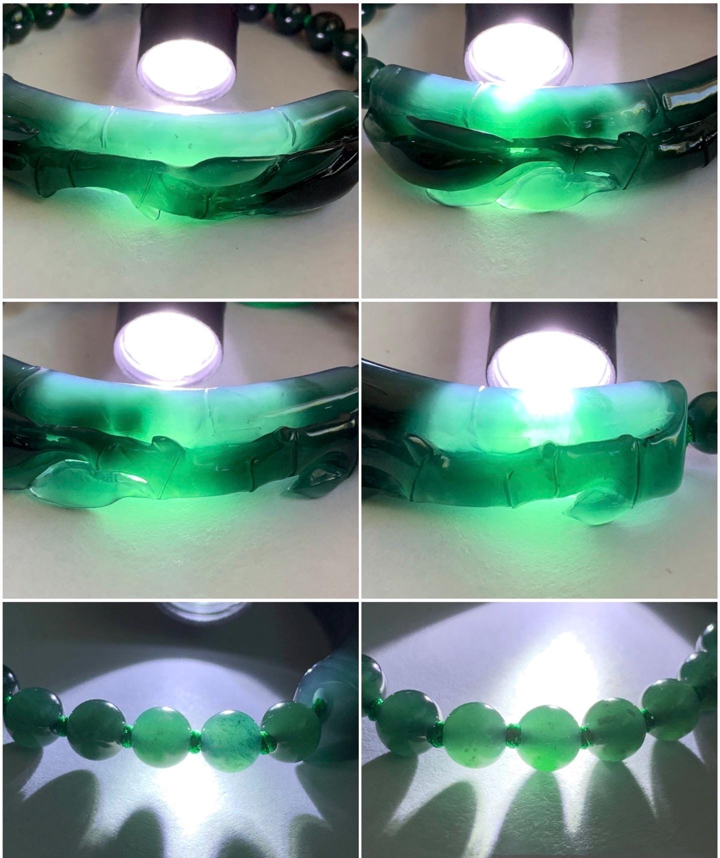 Natural Guatemalan Icy Highly Translucent Gelatinous Dark Teal Green Jadeite Bamboo Cuff Beaded Bracelet 6.7mm 7.5” 27g 天然冰胶老种危湖水绿翡翠竹节手牌手串