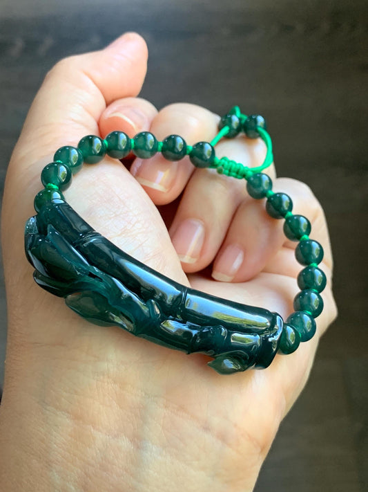 Natural Guatemalan Icy Highly Translucent Gelatinous Dark Teal Green Jadeite Bamboo Cuff Beaded Bracelet 6.7mm 7.5” 27g 天然冰胶老种危湖水绿翡翠竹节手牌手串