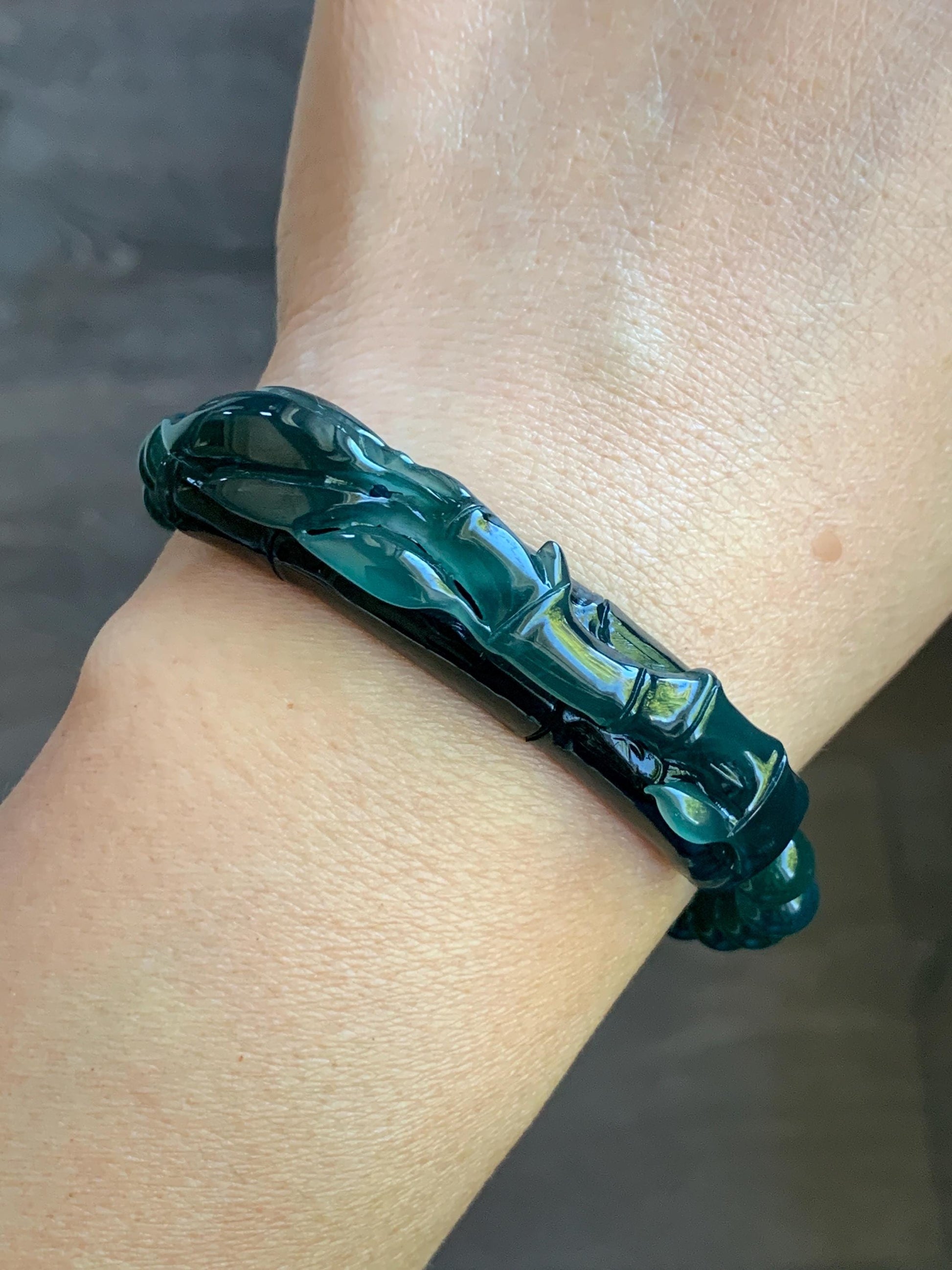 Natural Guatemalan Icy Highly Translucent Gelatinous Dark Teal Green Jadeite Bamboo Cuff Beaded Bracelet 6.7mm 7.5” 27g 天然冰胶老种危湖水绿翡翠竹节手牌手串