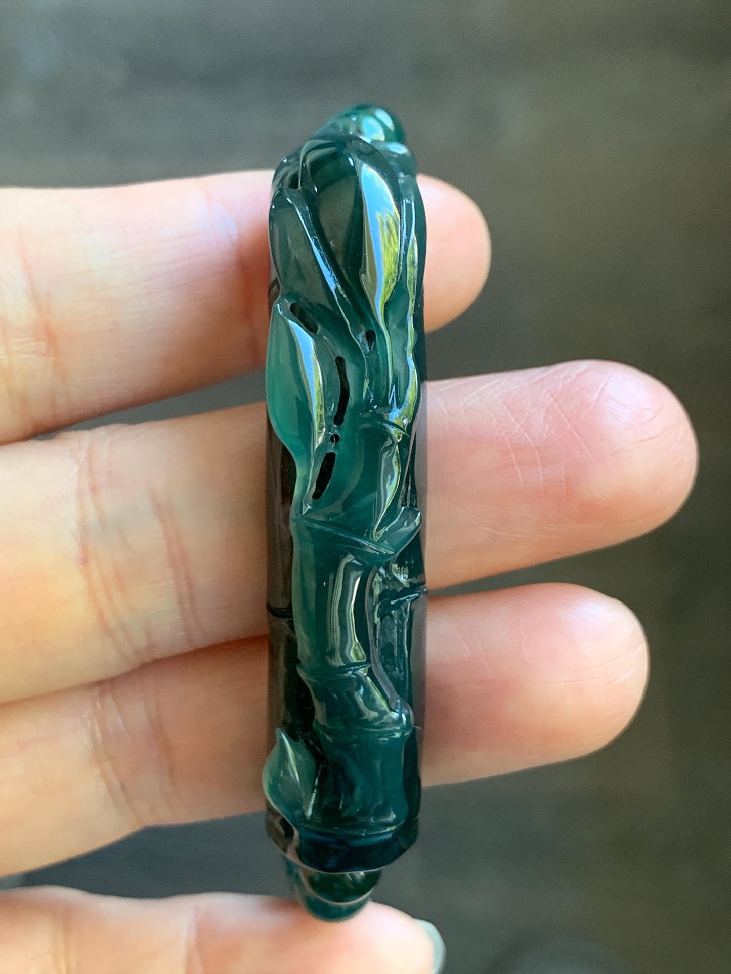 Natural Guatemalan Icy Highly Translucent Gelatinous Dark Teal Green Jadeite Bamboo Cuff Beaded Bracelet 6.7mm 7.5” 27g 天然冰胶老种危湖水绿翡翠竹节手牌手串