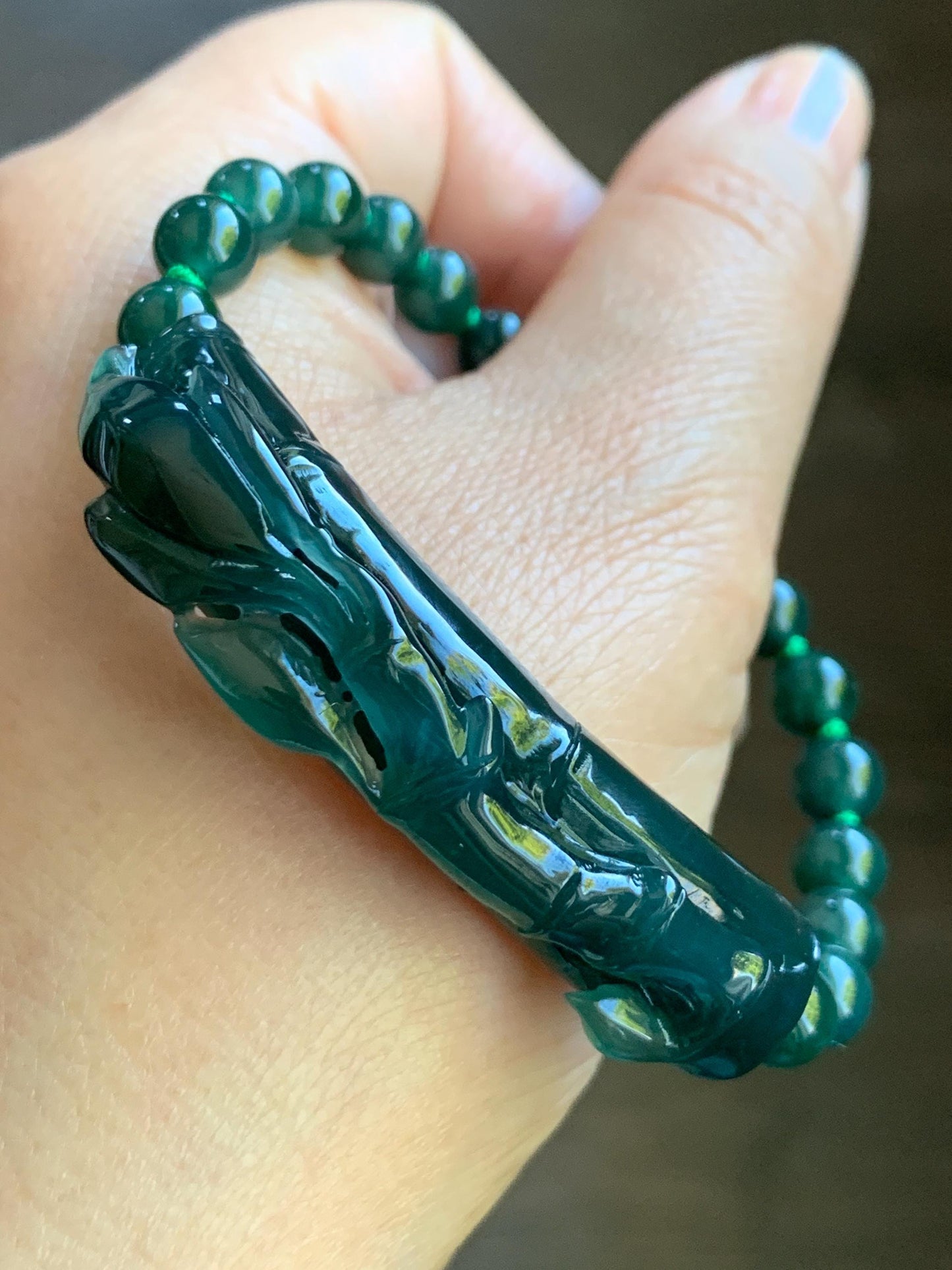 Natural Guatemalan Icy Highly Translucent Gelatinous Dark Teal Green Jadeite Bamboo Cuff Beaded Bracelet 6.7mm 7.5” 27g 天然冰胶老种危湖水绿翡翠竹节手牌手串