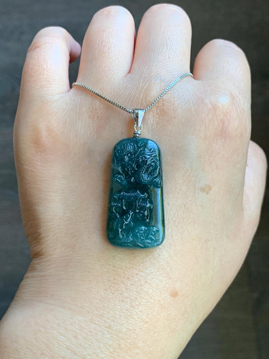 Natural Guatemalan Dark Teal Blue Jadeite Carved Carp Leaping Over Dragon Gate Pendant Sterling Silver 天然冰危深蓝水翡翠鲤鱼跳龙门吊坠