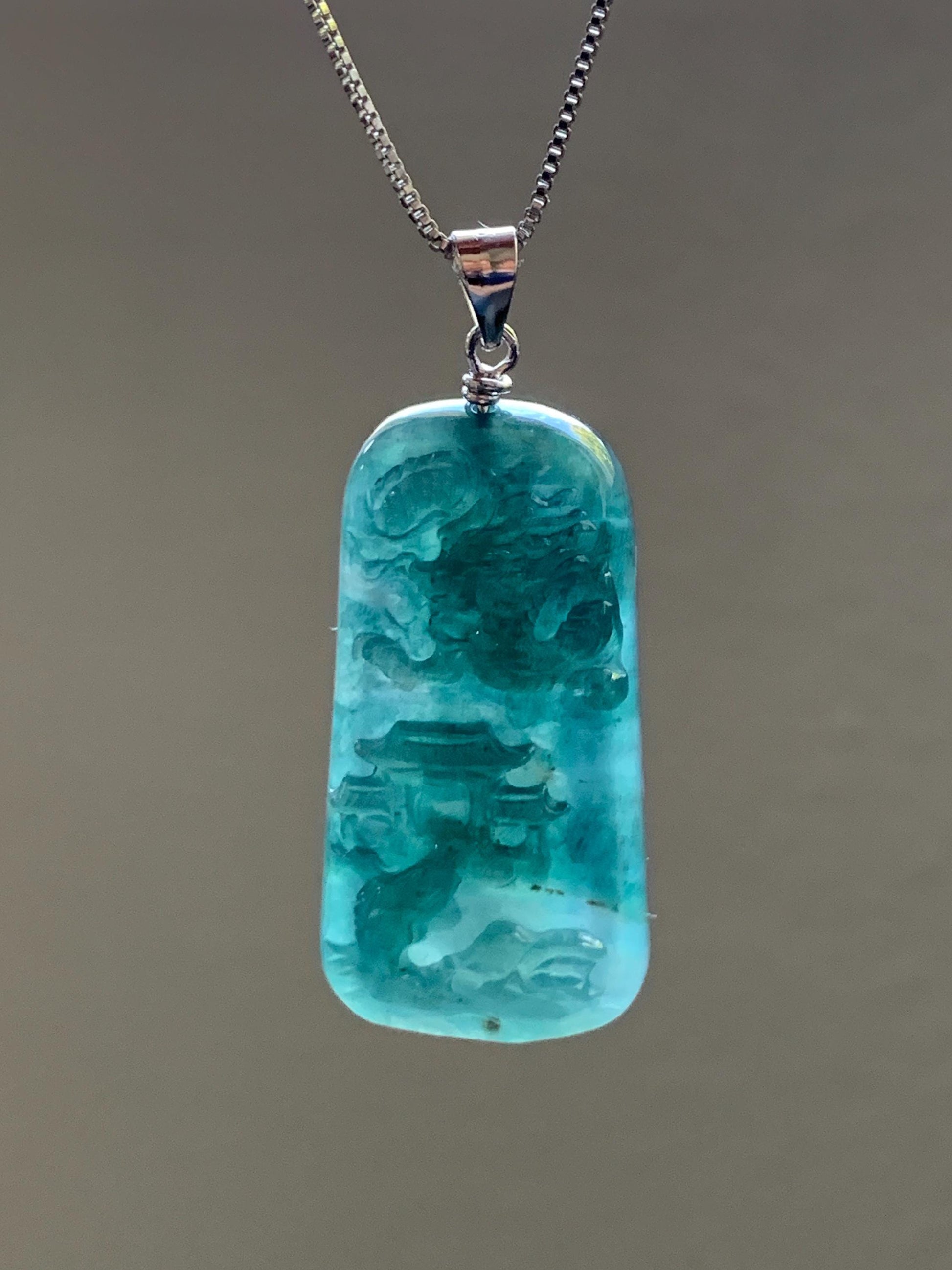 Natural Guatemalan Dark Teal Blue Jadeite Carved Carp Leaping Over Dragon Gate Pendant Sterling Silver 天然冰危深蓝水翡翠鲤鱼跳龙门吊坠