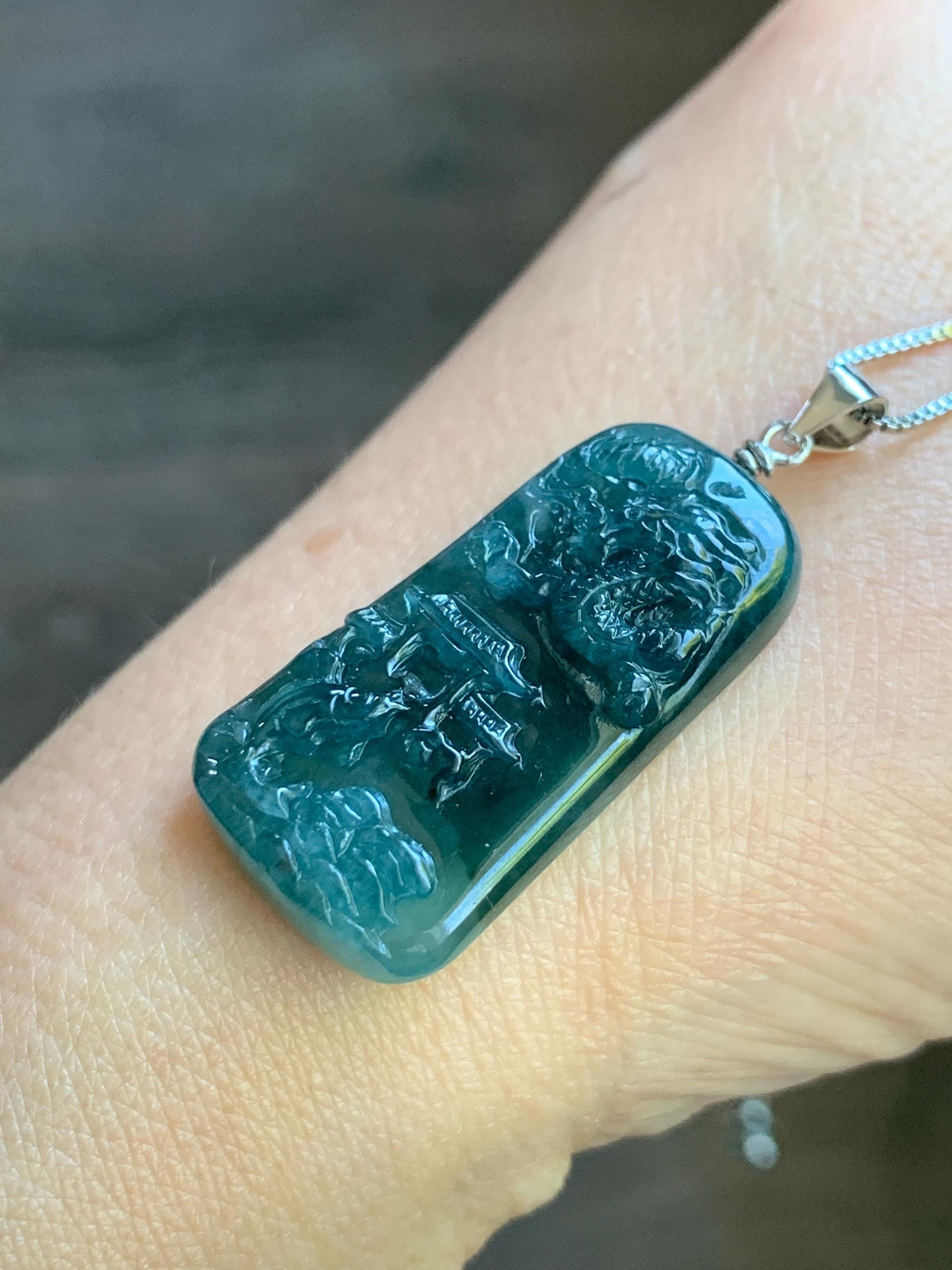 Natural Guatemalan Dark Teal Blue Jadeite Carved Carp Leaping Over Dragon Gate Pendant Sterling Silver 天然冰危深蓝水翡翠鲤鱼跳龙门吊坠