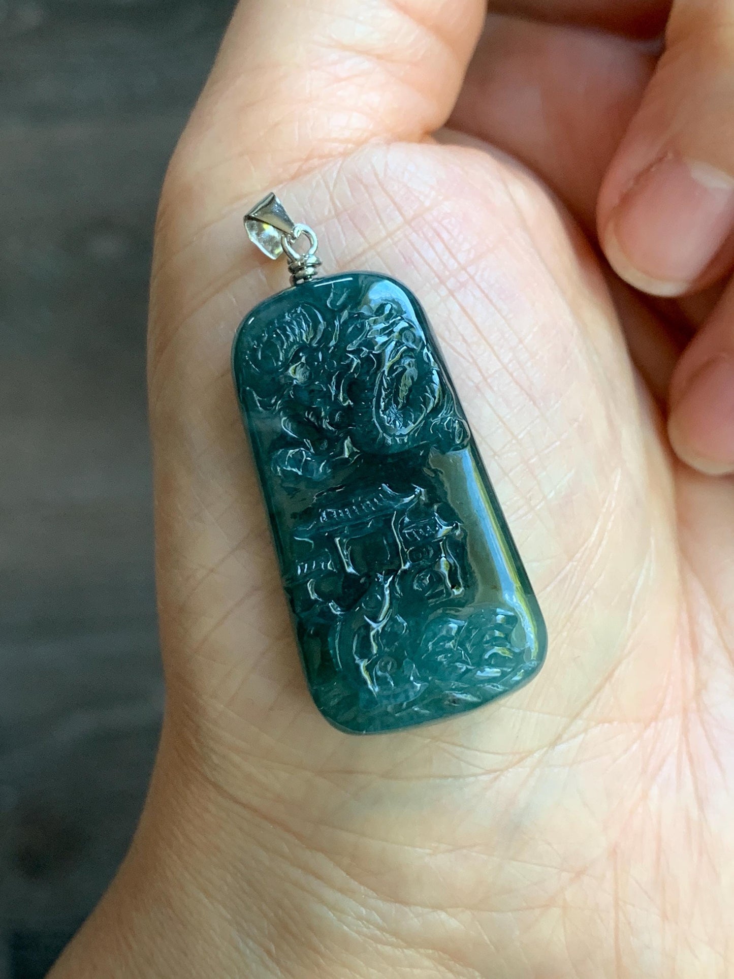 Natural Guatemalan Dark Teal Blue Jadeite Carved Carp Leaping Over Dragon Gate Pendant Sterling Silver 天然冰危深蓝水翡翠鲤鱼跳龙门吊坠