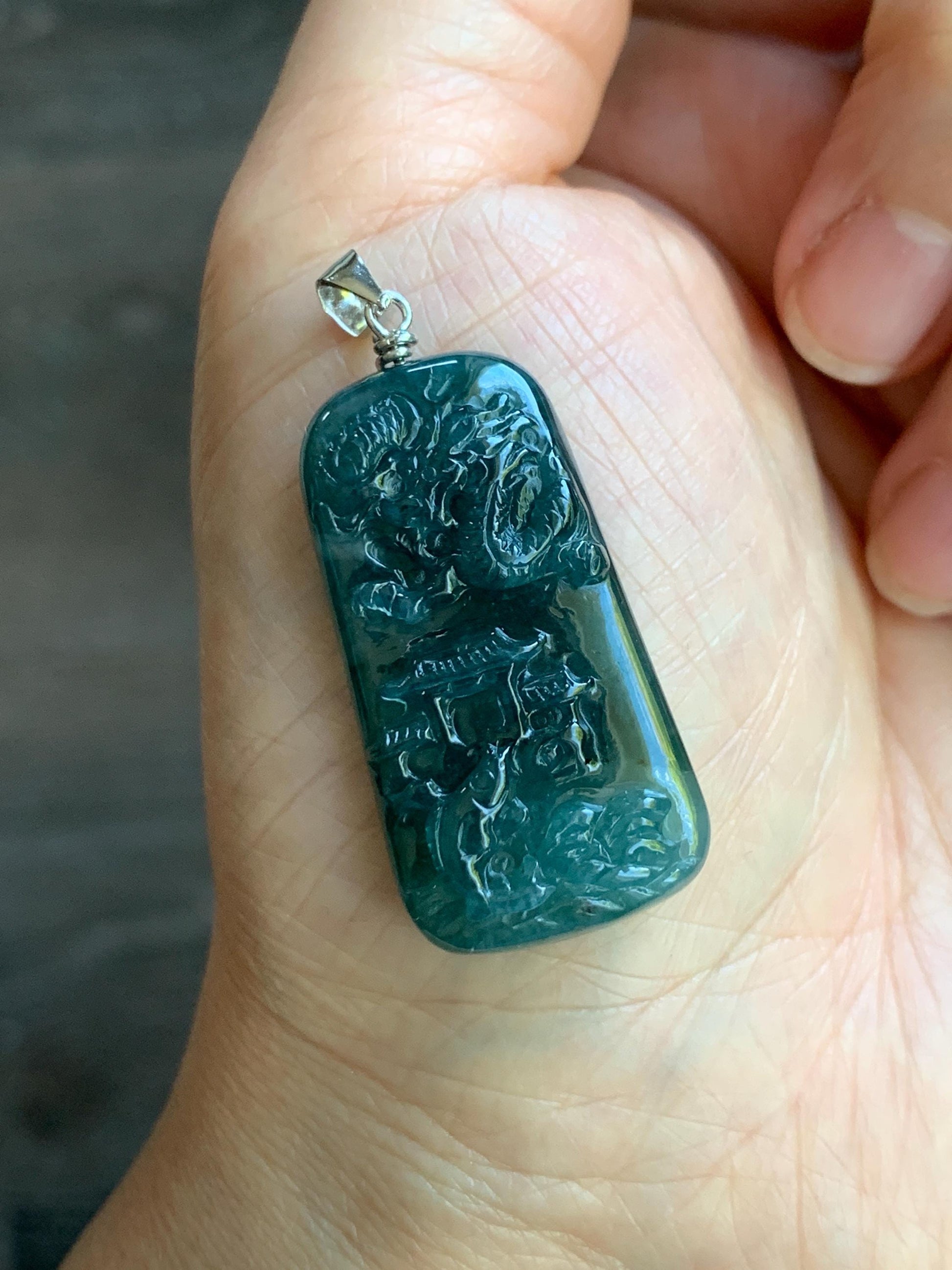 Natural Guatemalan Dark Teal Blue Jadeite Carved Carp Leaping Over Dragon Gate Pendant Sterling Silver 天然冰危深蓝水翡翠鲤鱼跳龙门吊坠