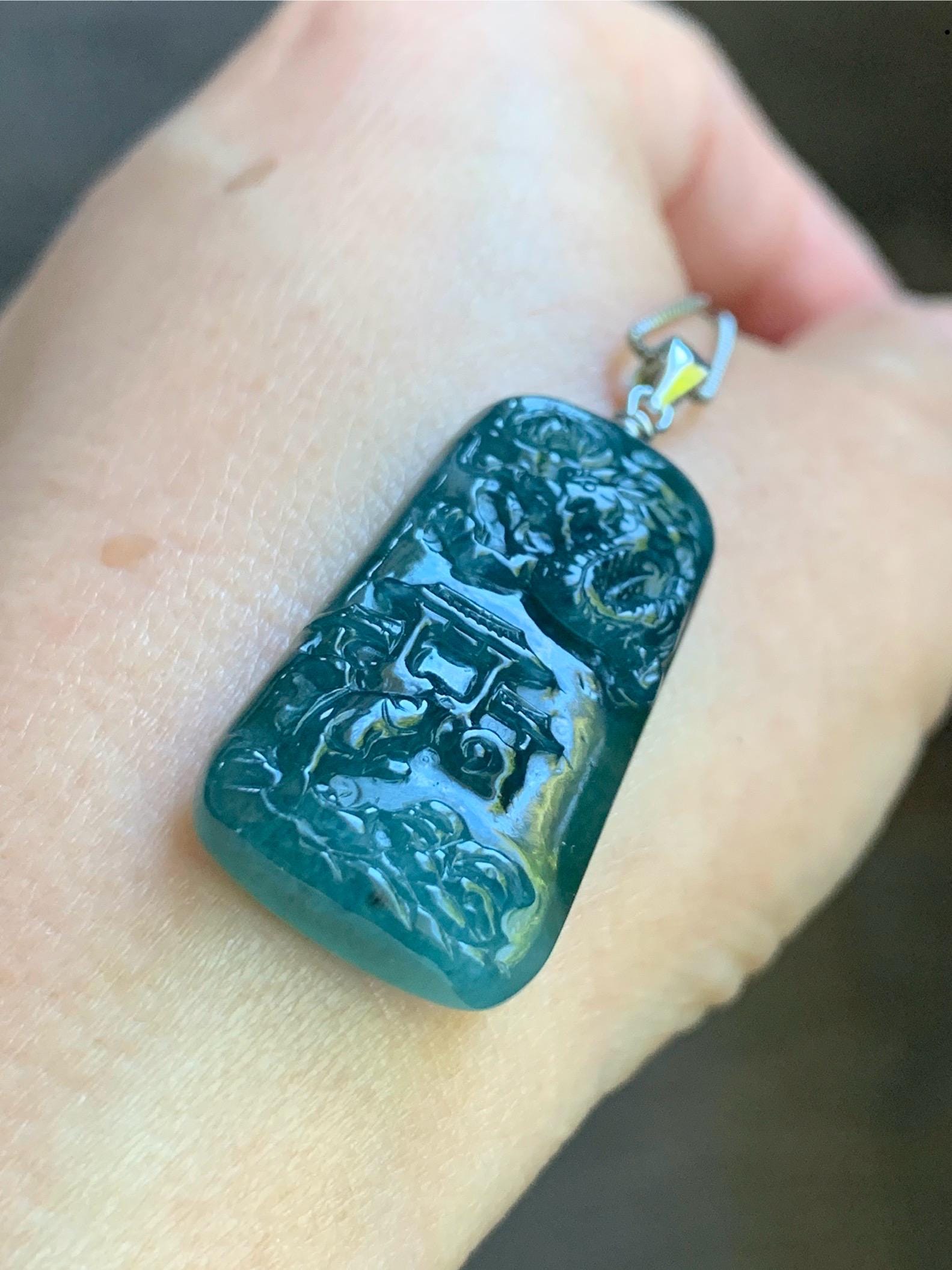 Natural Guatemalan Dark Teal Blue Jadeite Carved Carp Leaping Over Dragon Gate Pendant Sterling Silver 天然冰危深蓝水翡翠鲤鱼跳龙门吊坠