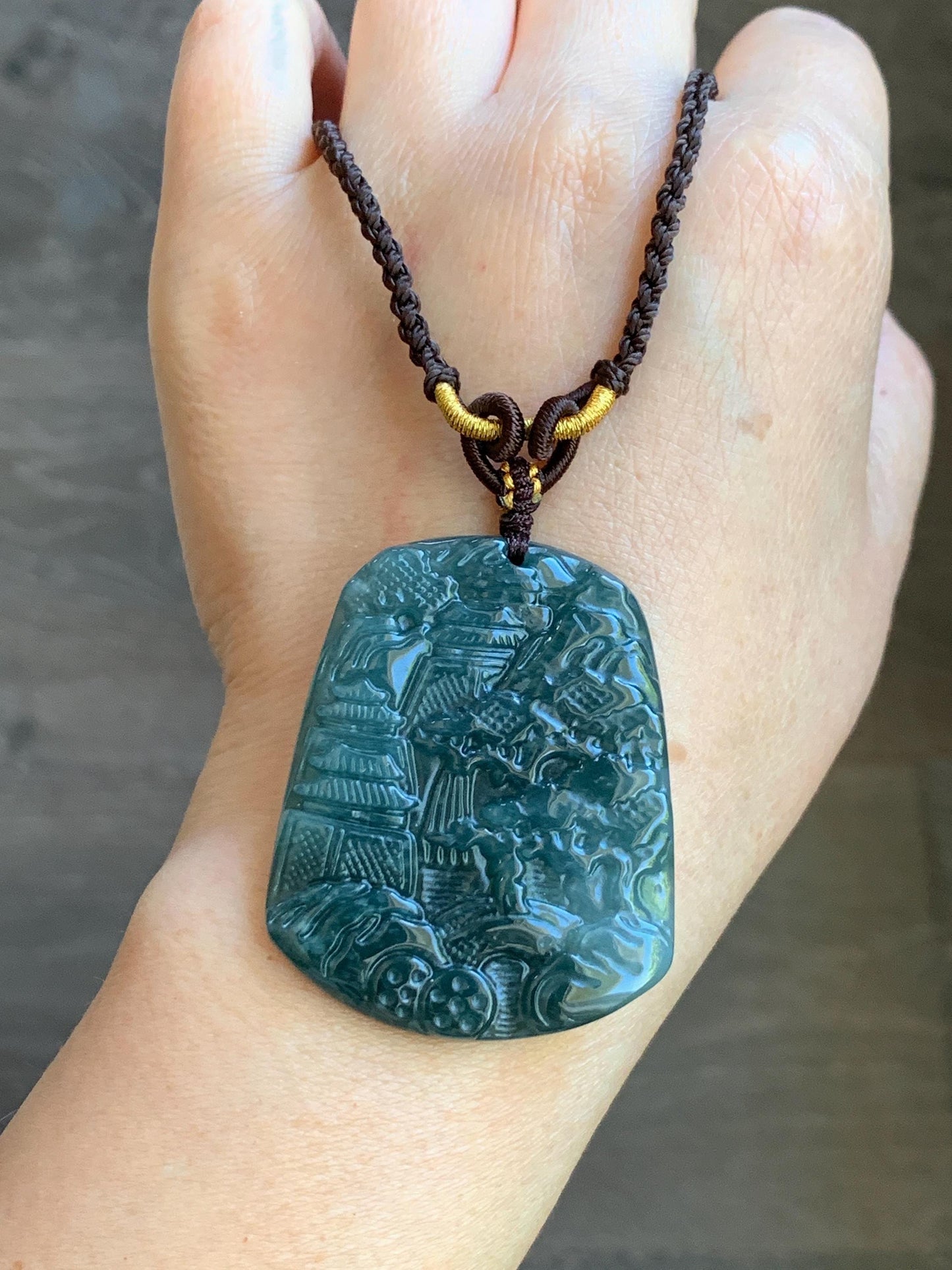 Natural Guatemalan Icy Translucent Dark Teal Blue Jadeite Carved Shan Shui Landscape Pendant Rope Necklace 26” 23g Adjustable 天然冰危深蓝翡翠山水牌吊坠