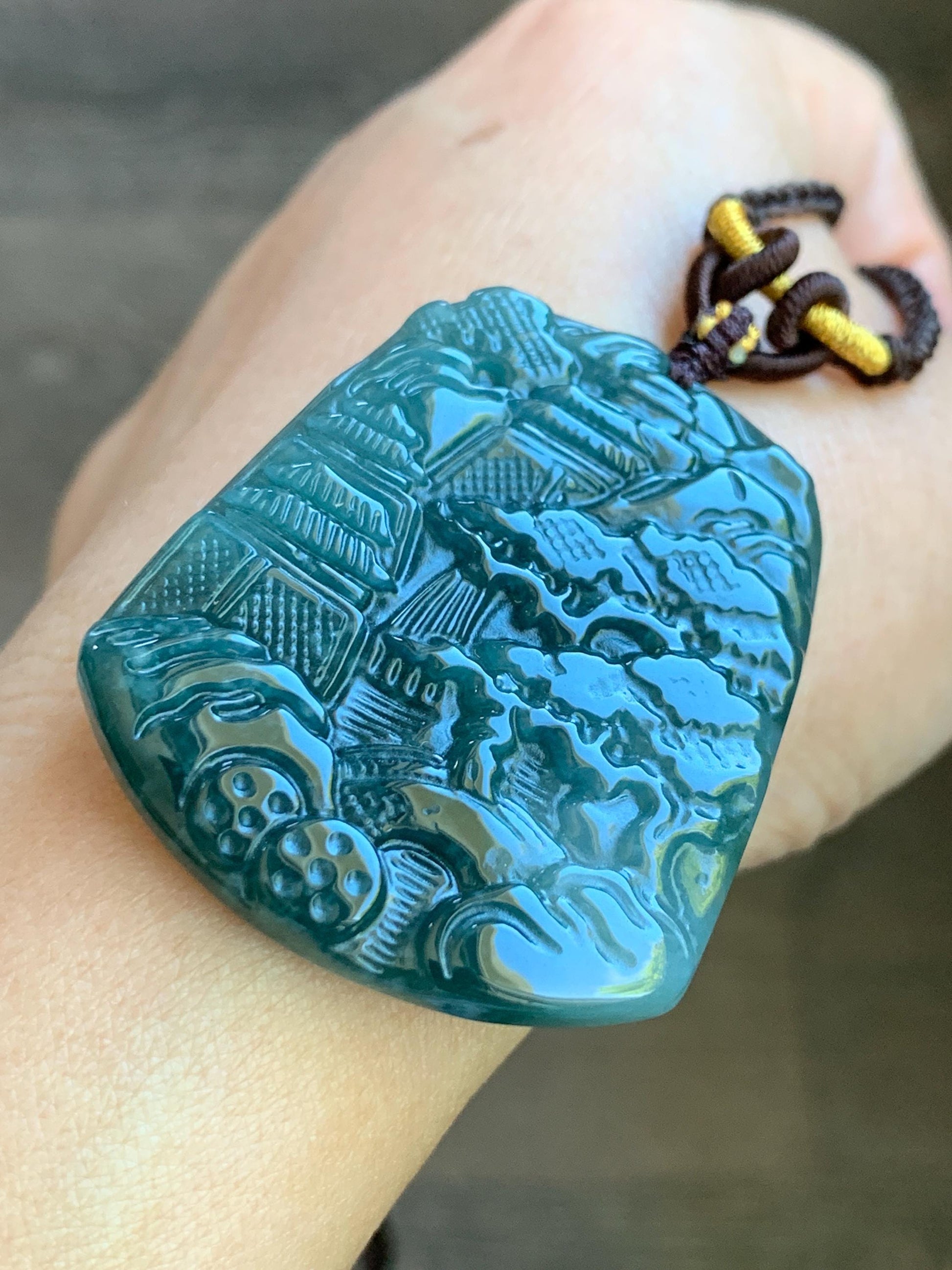 Natural Guatemalan Icy Translucent Dark Teal Blue Jadeite Carved Shan Shui Landscape Pendant Rope Necklace 26” 23g Adjustable 天然冰危深蓝翡翠山水牌吊坠
