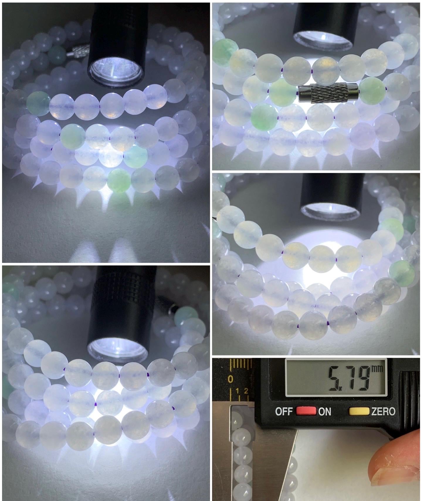 Natural Burmese Icy Translucent Gelatinous Icy White & Light Green Jadeite Beaded Necklace with Clasp 5.8m 26" 40g 天然缅甸白冰翡翠圆珠项链 BJL1021