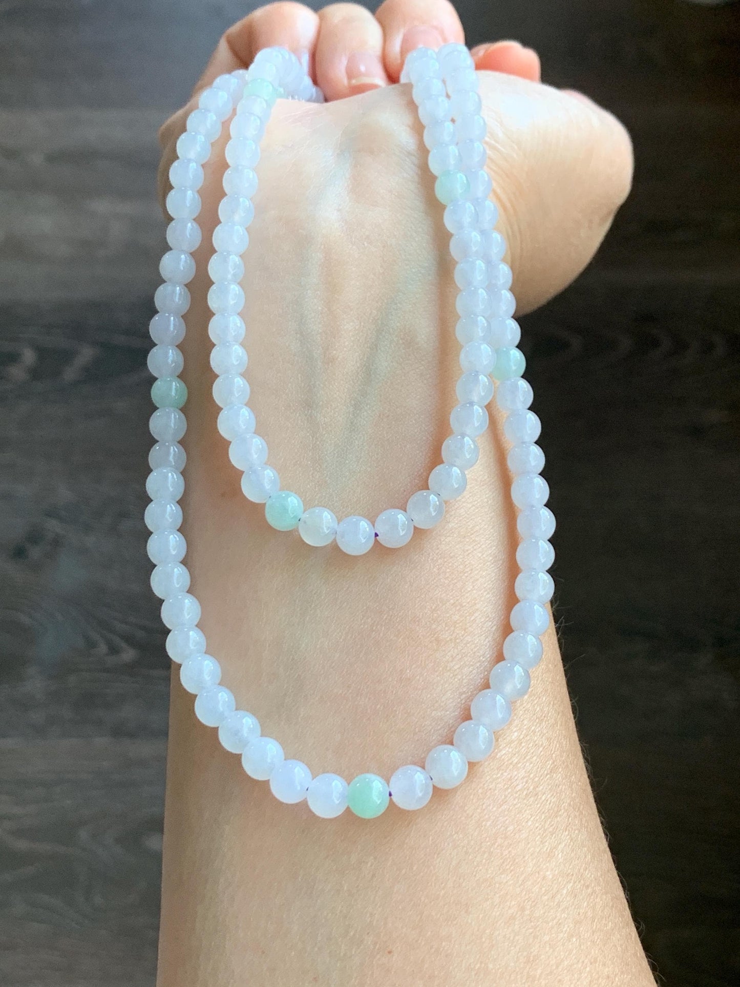 Natural Burmese Icy Translucent Gelatinous Icy White & Light Green Jadeite Beaded Necklace with Clasp 5.8m 26" 40g 天然缅甸白冰翡翠圆珠项链 BJL1021