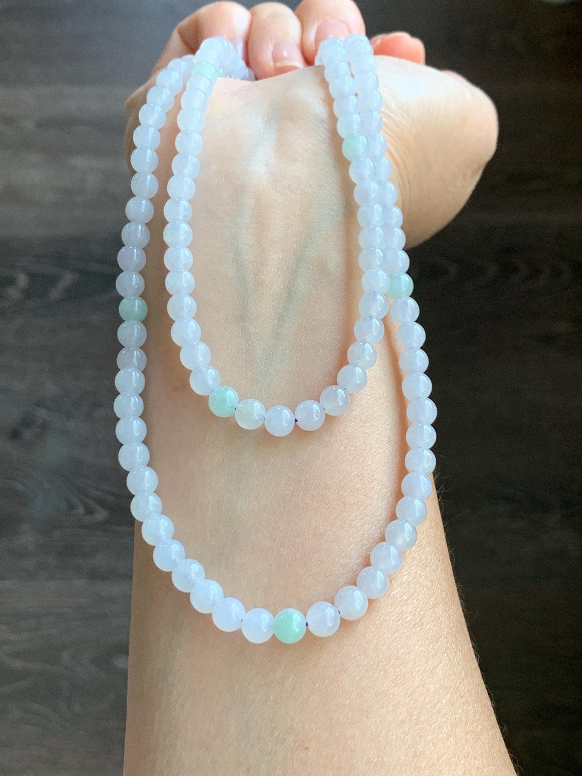 Natural Burmese Icy Translucent Gelatinous Icy White & Light Green Jadeite Beaded Necklace with Clasp 5.8m 26" 40g 天然缅甸白冰翡翠圆珠项链 BJL1021