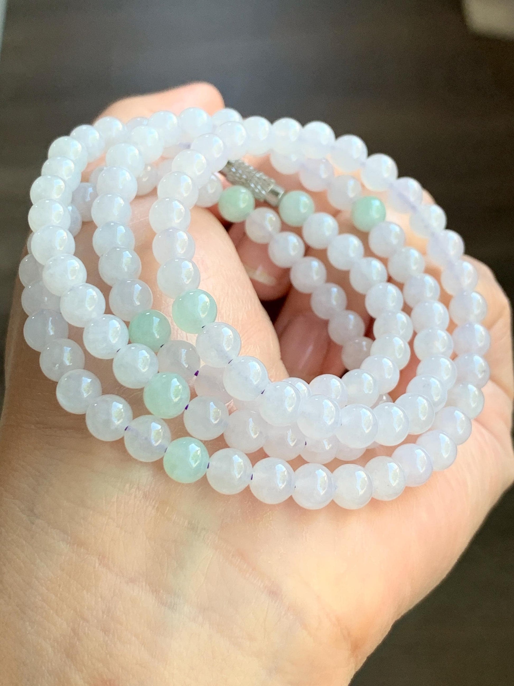 Natural Burmese Icy Translucent Gelatinous Icy White & Light Green Jadeite Beaded Necklace with Clasp 5.8m 26" 40g 天然缅甸白冰翡翠圆珠项链 BJL1021