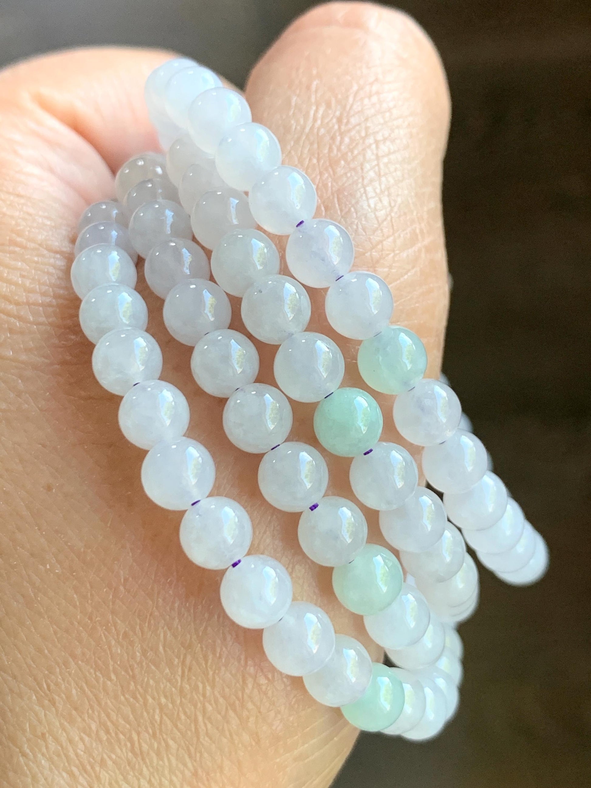 Natural Burmese Icy Translucent Gelatinous Icy White & Light Green Jadeite Beaded Necklace with Clasp 5.8m 26" 40g 天然缅甸白冰翡翠圆珠项链 BJL1021
