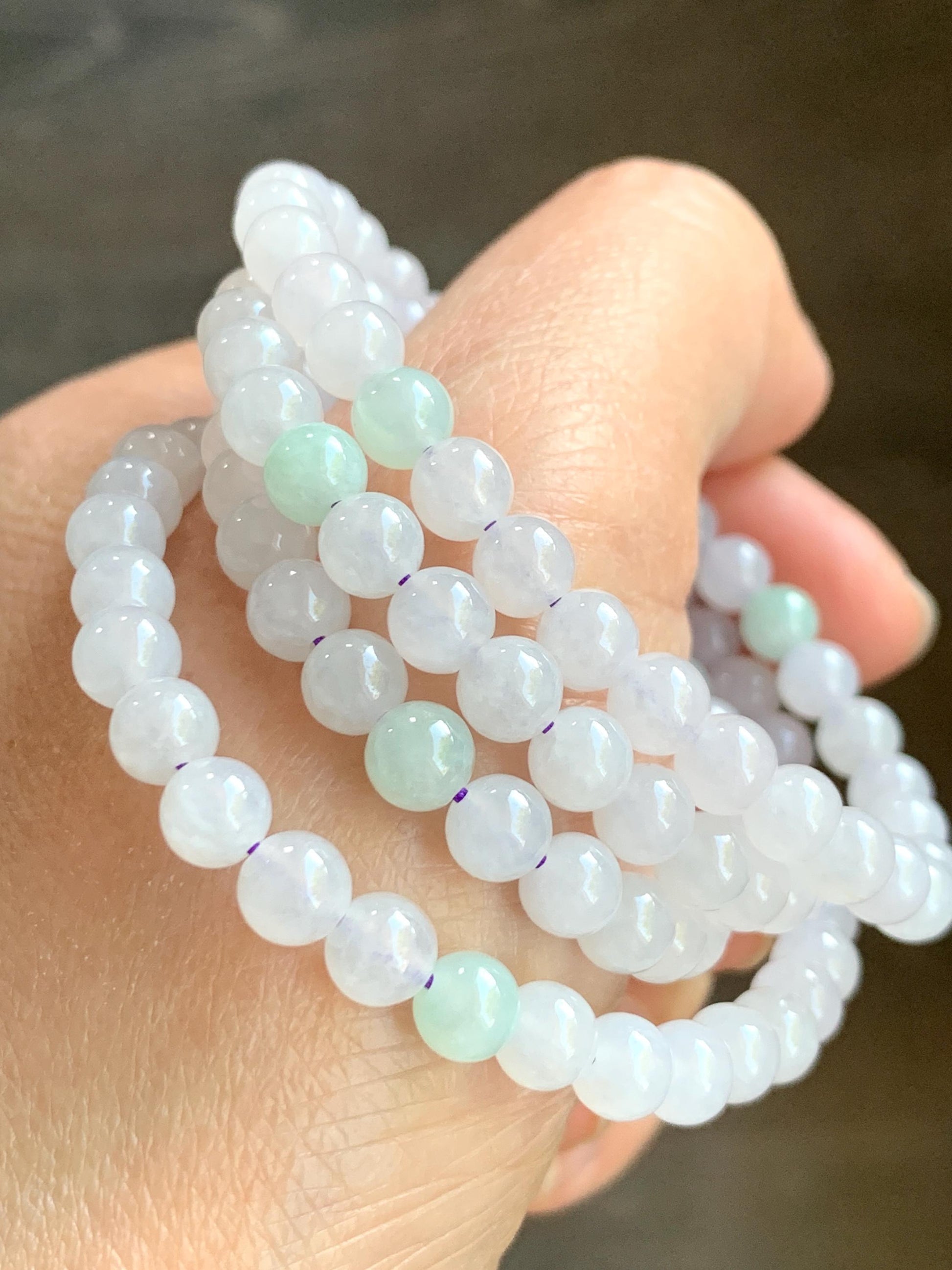 Natural Burmese Icy Translucent Gelatinous Icy White & Light Green Jadeite Beaded Necklace with Clasp 5.8m 26" 40g 天然缅甸白冰翡翠圆珠项链 BJL1021