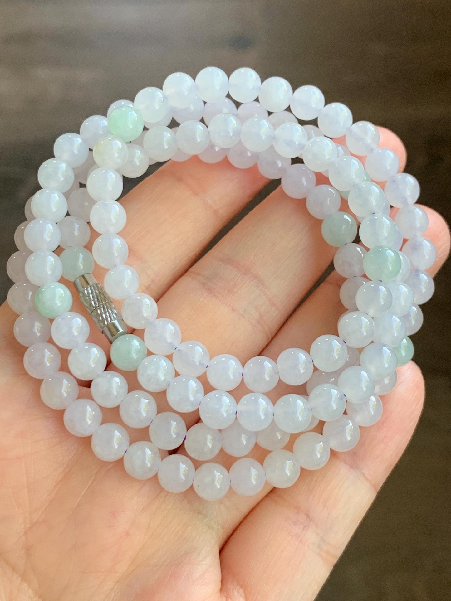 Natural Burmese Icy Translucent Gelatinous Icy White & Light Green Jadeite Beaded Necklace with Clasp 5.8m 26" 40g 天然缅甸白冰翡翠圆珠项链 BJL1021