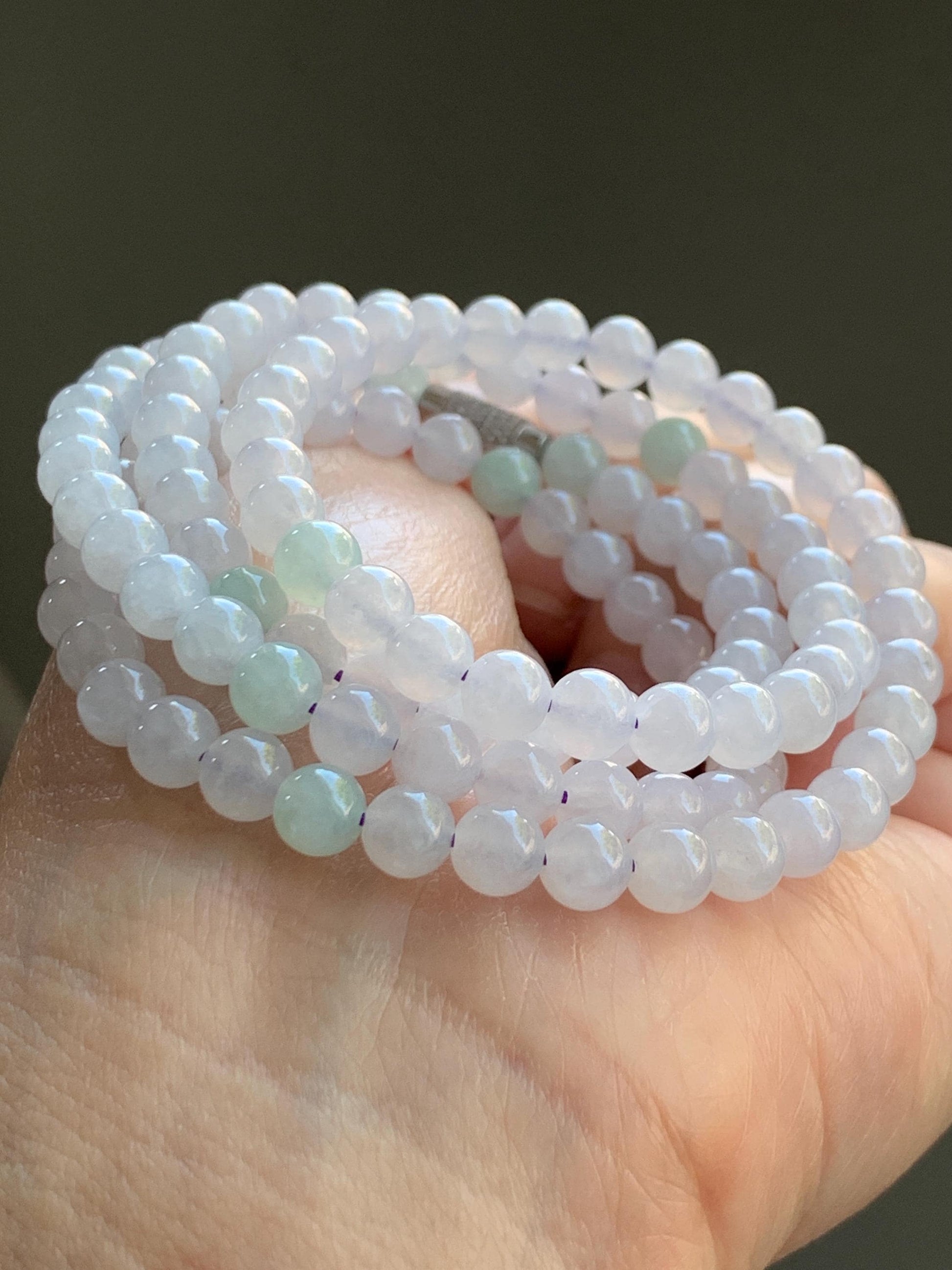 Natural Burmese Icy Translucent Gelatinous Icy White & Light Green Jadeite Beaded Necklace with Clasp 5.8m 26" 40g 天然缅甸白冰翡翠圆珠项链 BJL1021