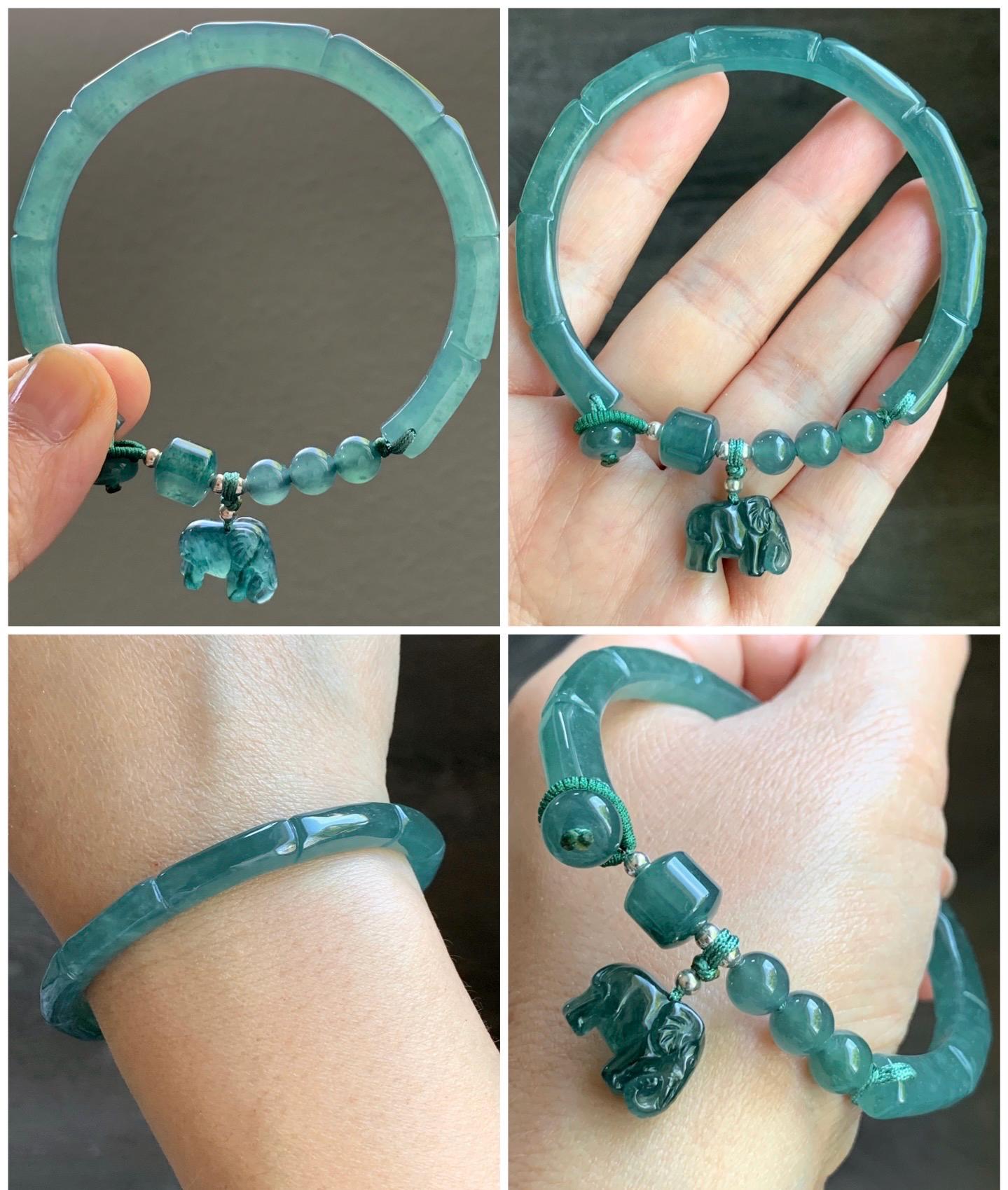 Certified Natural Guatemalan Icy Translucent Dark Teal Green Jadeite Open Bangle Bracelet w/ Elegant Charm 58.4mm 天然老种冰胶危篮绿翡翠竹节开口镯大象挂坠 6912