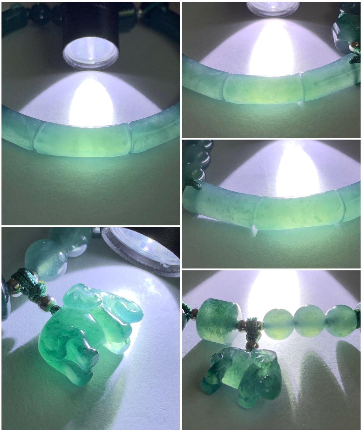 Certified Natural Guatemalan Icy Translucent Dark Teal Green Jadeite Open Bangle Bracelet w/ Elegant Charm 58.4mm 天然老种冰胶危篮绿翡翠竹节开口镯大象挂坠 6912