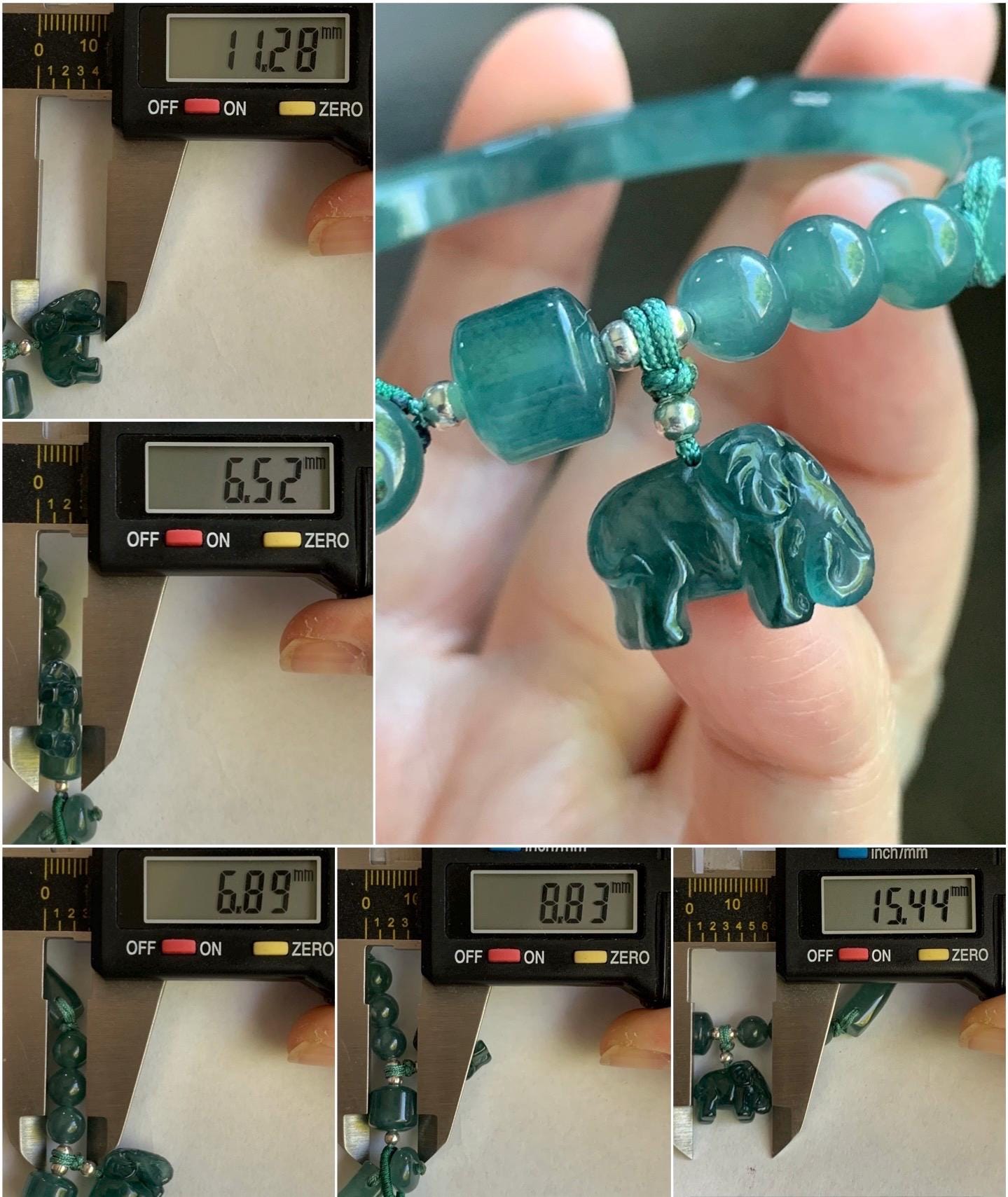 Certified Natural Guatemalan Icy Translucent Dark Teal Green Jadeite Open Bangle Bracelet w/ Elegant Charm 58.4mm 天然老种冰胶危篮绿翡翠竹节开口镯大象挂坠 6912
