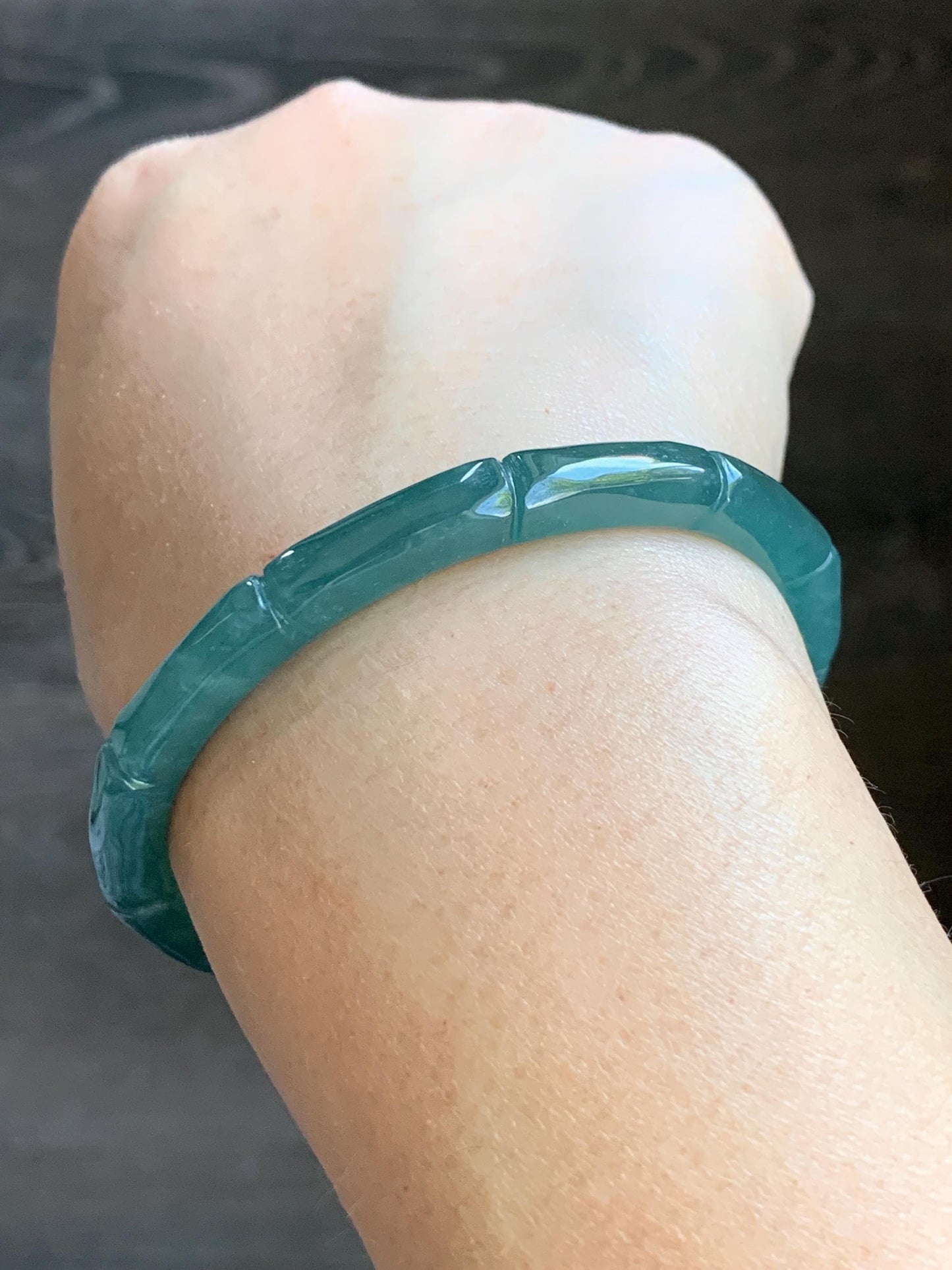 Certified Natural Guatemalan Icy Translucent Dark Teal Green Jadeite Open Bangle Bracelet w/ Elegant Charm 58.4mm 天然老种冰胶危篮绿翡翠竹节开口镯大象挂坠 6912