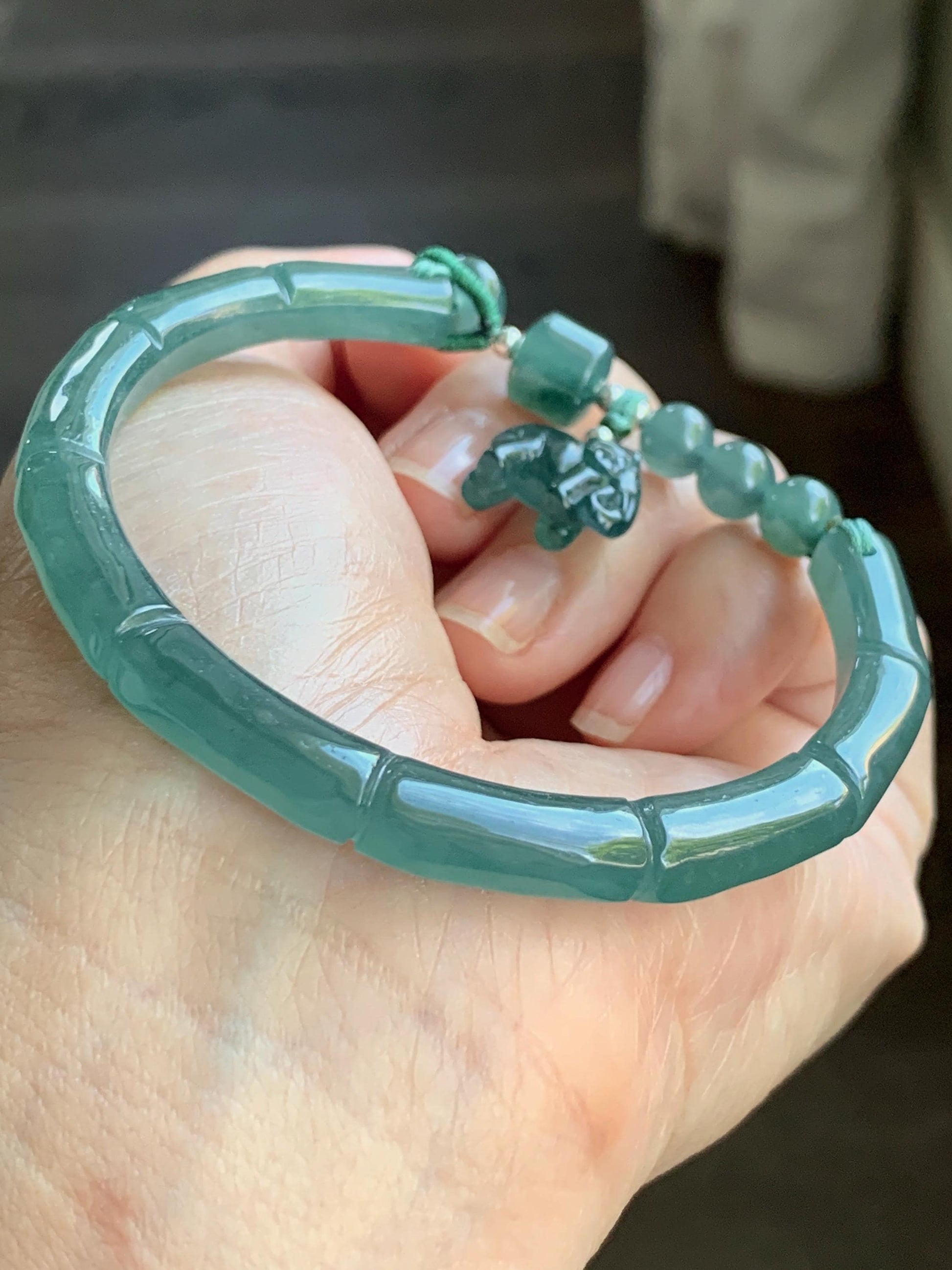 Certified Natural Guatemalan Icy Translucent Dark Teal Green Jadeite Open Bangle Bracelet w/ Elegant Charm 58.4mm 天然老种冰胶危篮绿翡翠竹节开口镯大象挂坠 6912