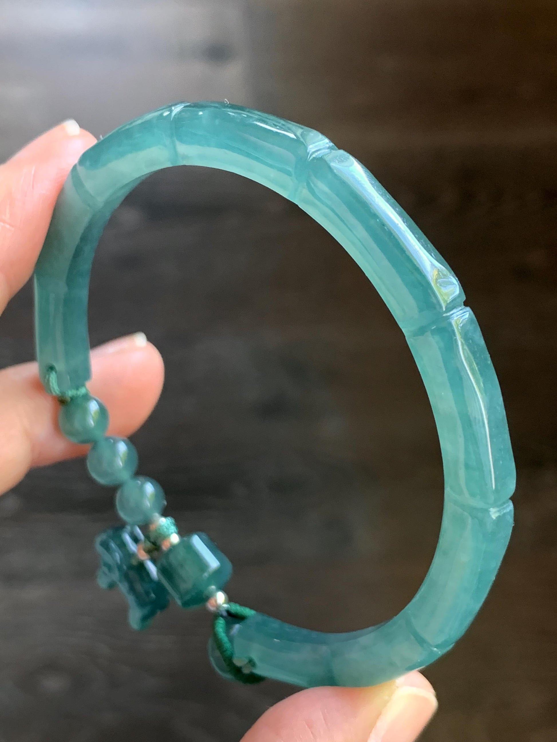 Certified Natural Guatemalan Icy Translucent Dark Teal Green Jadeite Open Bangle Bracelet w/ Elegant Charm 58.4mm 天然老种冰胶危篮绿翡翠竹节开口镯大象挂坠 6912