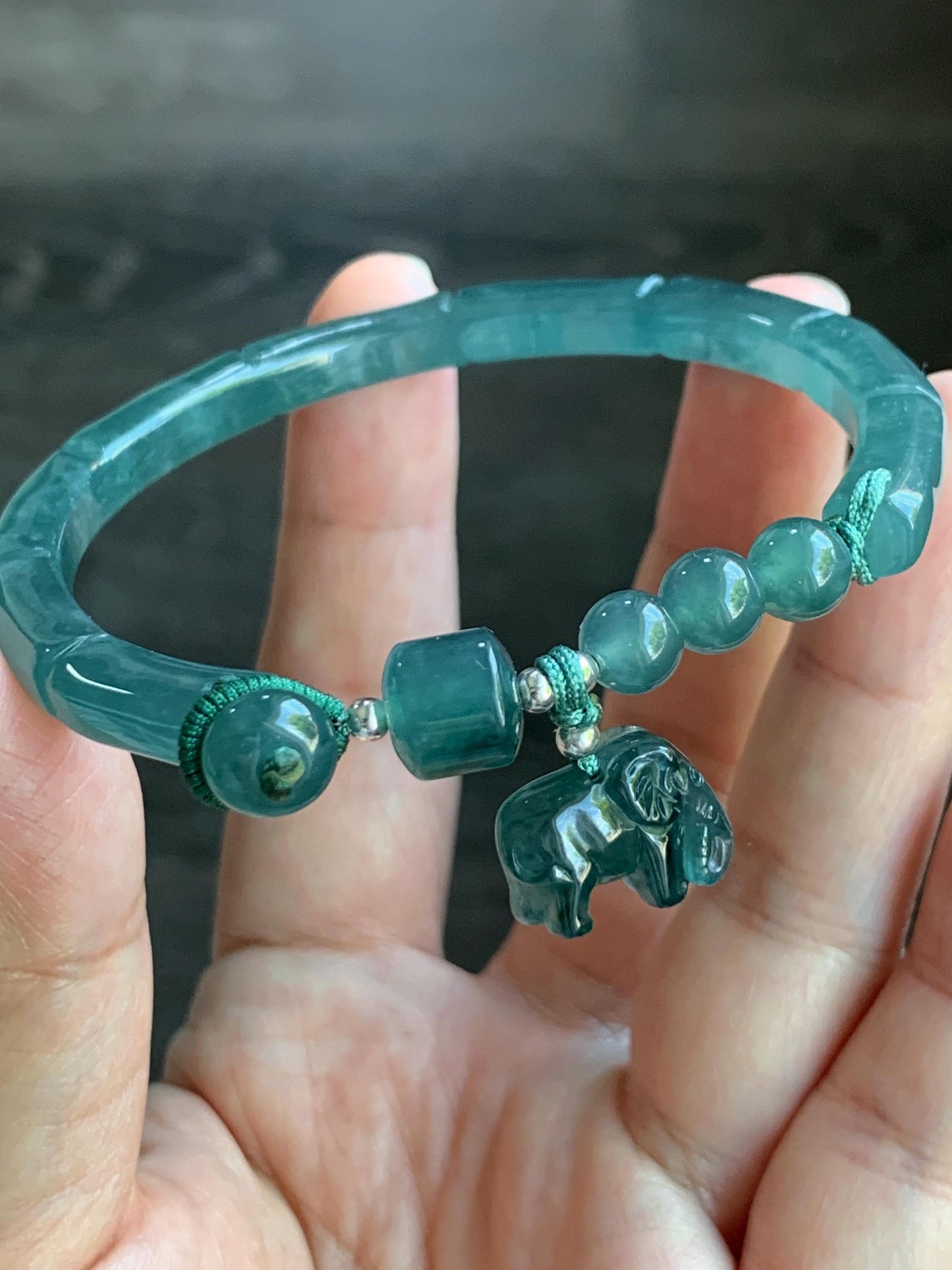 Certified Natural Guatemalan Icy Translucent Dark Teal Green Jadeite Open Bangle Bracelet w/ Elegant Charm 58.4mm 天然老种冰胶危篮绿翡翠竹节开口镯大象挂坠 6912
