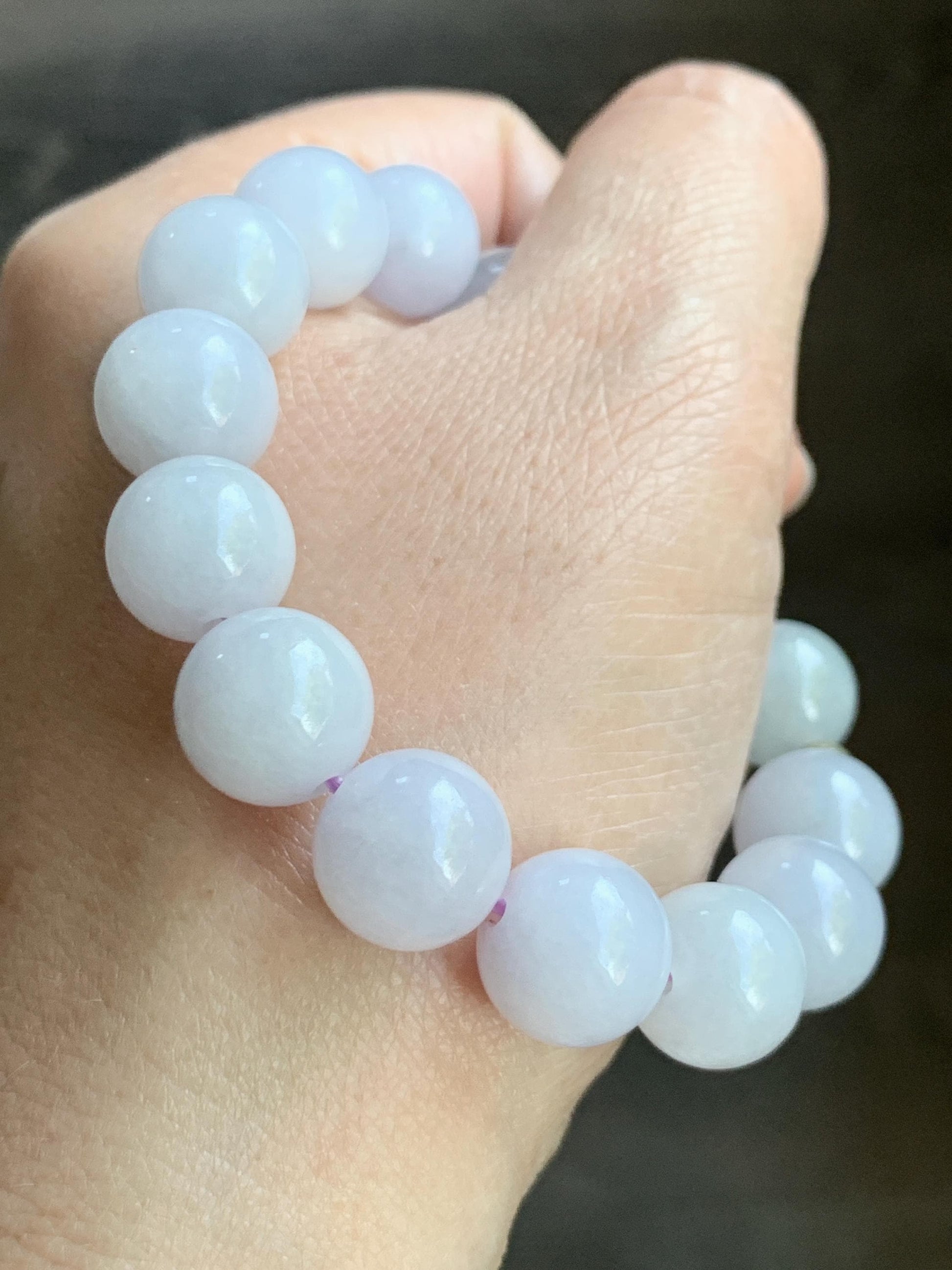 Natural Burmese Icy Translucent White & Light Purple Jadeite Nine-Tailed Fox Jadeite Beaded Bracelet Sterling Silver 6.75” 天然缅甸冰淡紫底翡翠九尾狐圆珠手串