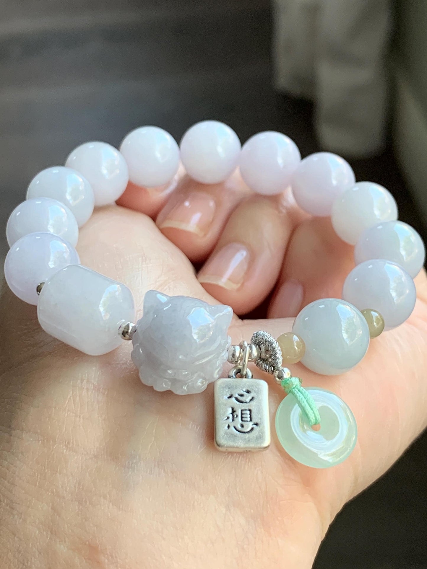 Natural Burmese Icy Translucent White & Light Purple Jadeite Nine-Tailed Fox Jadeite Beaded Bracelet Sterling Silver 6.75” 天然缅甸冰淡紫底翡翠九尾狐圆珠手串