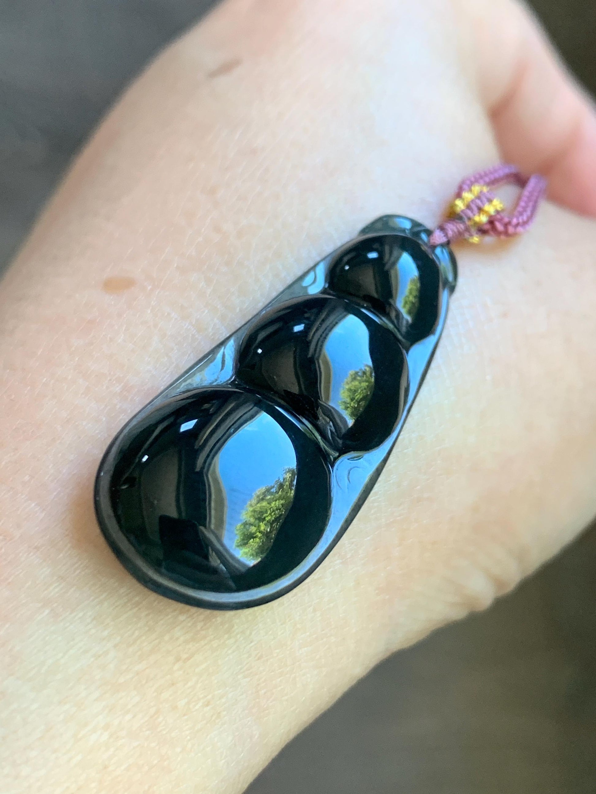 Natural Guatemalan Icy Translucent Dark Wuji Jadeite Large Peapod Pendant Rope Necklace 26” Adjustable 8g 天然冰危乌鸡翡翠福豆吊坠