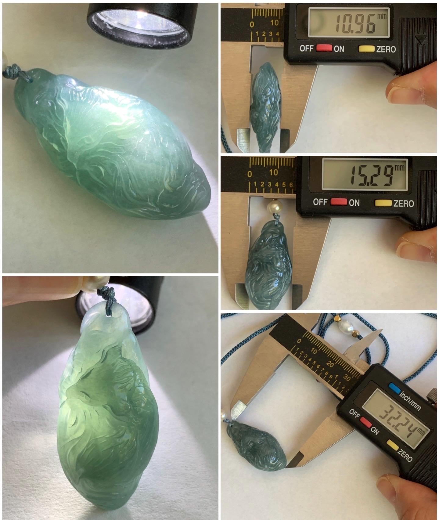 Natural Guatemalan Icy Translucent Teal Blue Jadeite Sleeping Fox Cherry Blossom Pendant Double Sided Rope Necklace 天然冰危蓝翡翠睡狐梅花枝双面雕吊坠 A