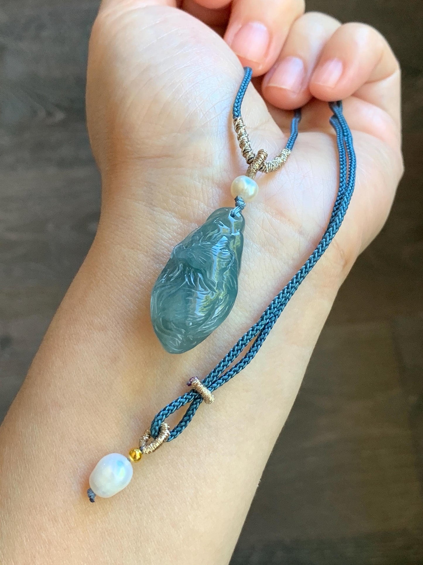 Natural Guatemalan Icy Translucent Teal Blue Jadeite Sleeping Fox Cherry Blossom Pendant Double Sided Rope Necklace 天然冰危蓝翡翠睡狐梅花枝双面雕吊坠 A