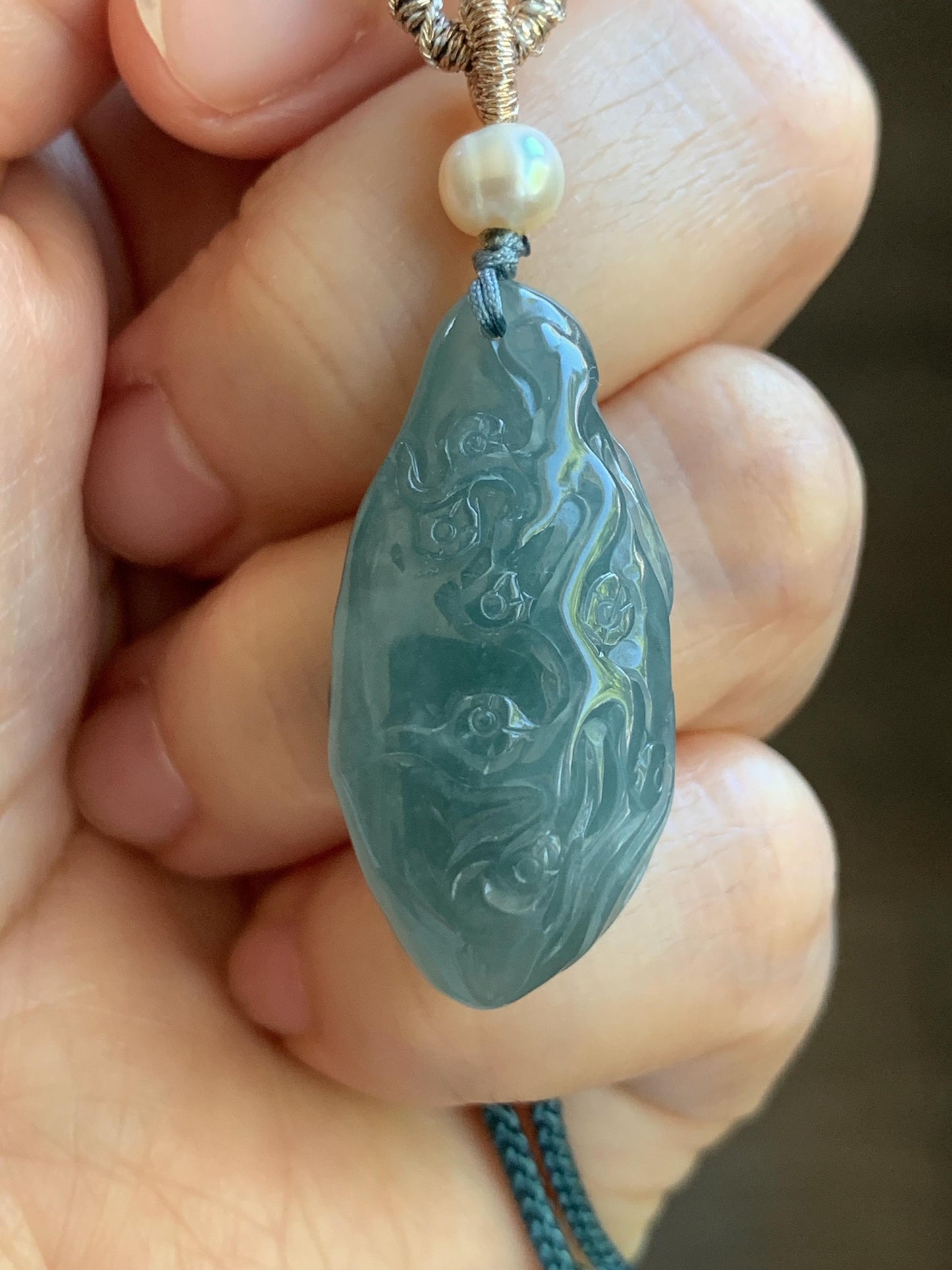 Natural Guatemalan Icy Translucent Teal Blue Jadeite Sleeping Fox Cherry Blossom Pendant Double Sided Rope Necklace 天然冰危蓝翡翠睡狐梅花枝双面雕吊坠 A
