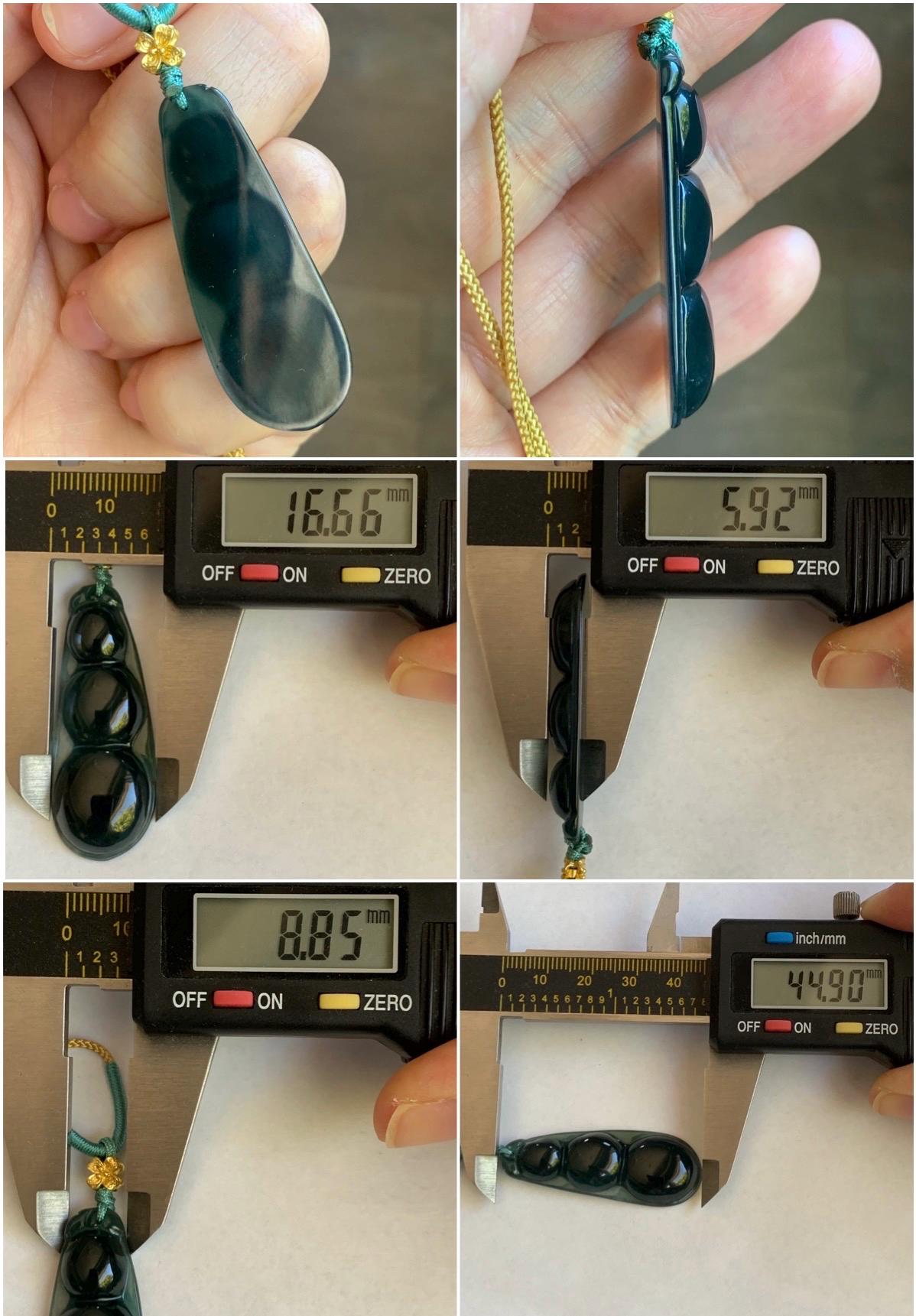 Natural Guatemalan Icy Translucent Dark Teal Blue Jadeite Large Peapod Pendant Rope Necklace 26” Adjustable 8g 天然冰危深蓝翡翠福豆吊坠